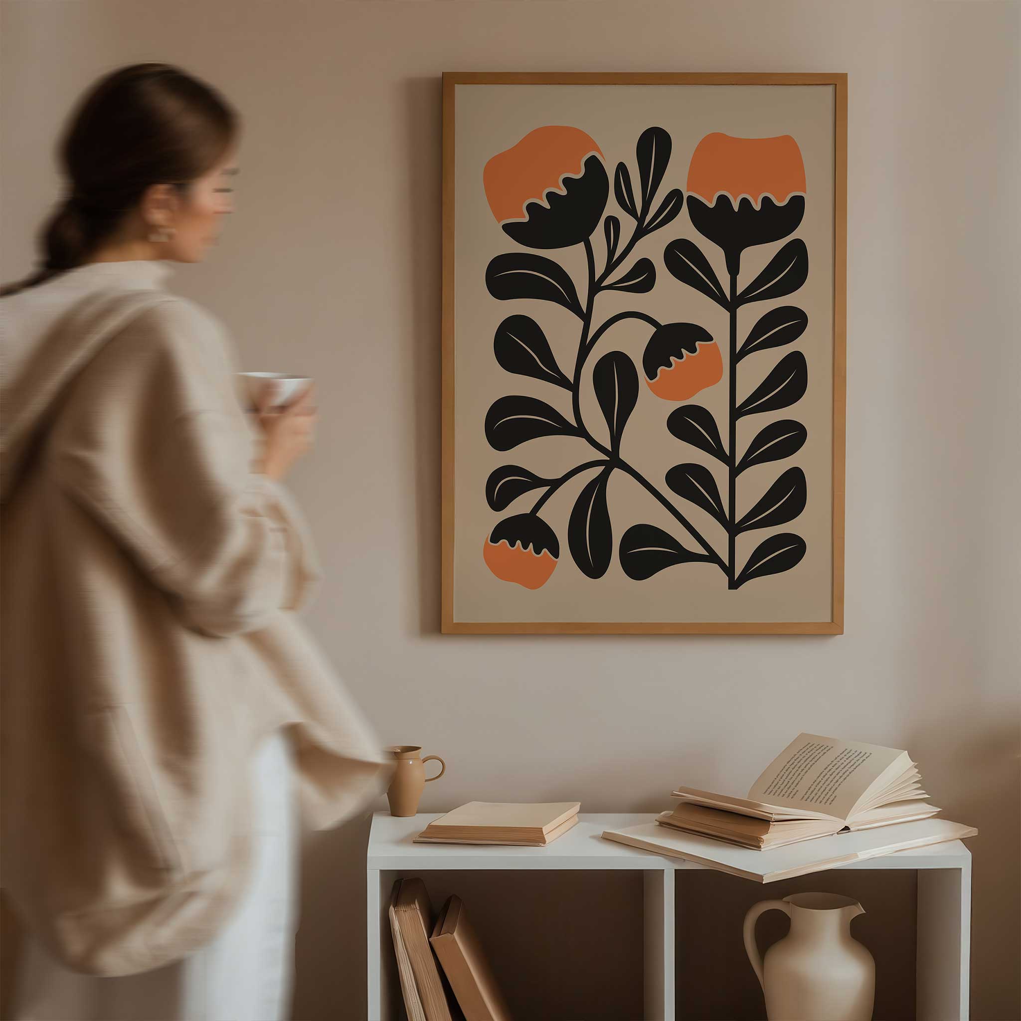 Playful modern floral art with vibrant orange clementine-inspired blooms and abstract shapes.