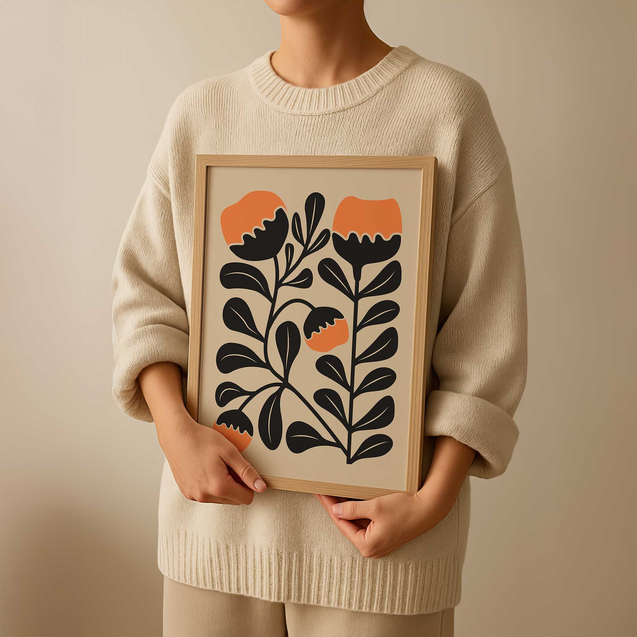 Playful modern floral art with vibrant orange clementine-inspired blooms and abstract shapes.