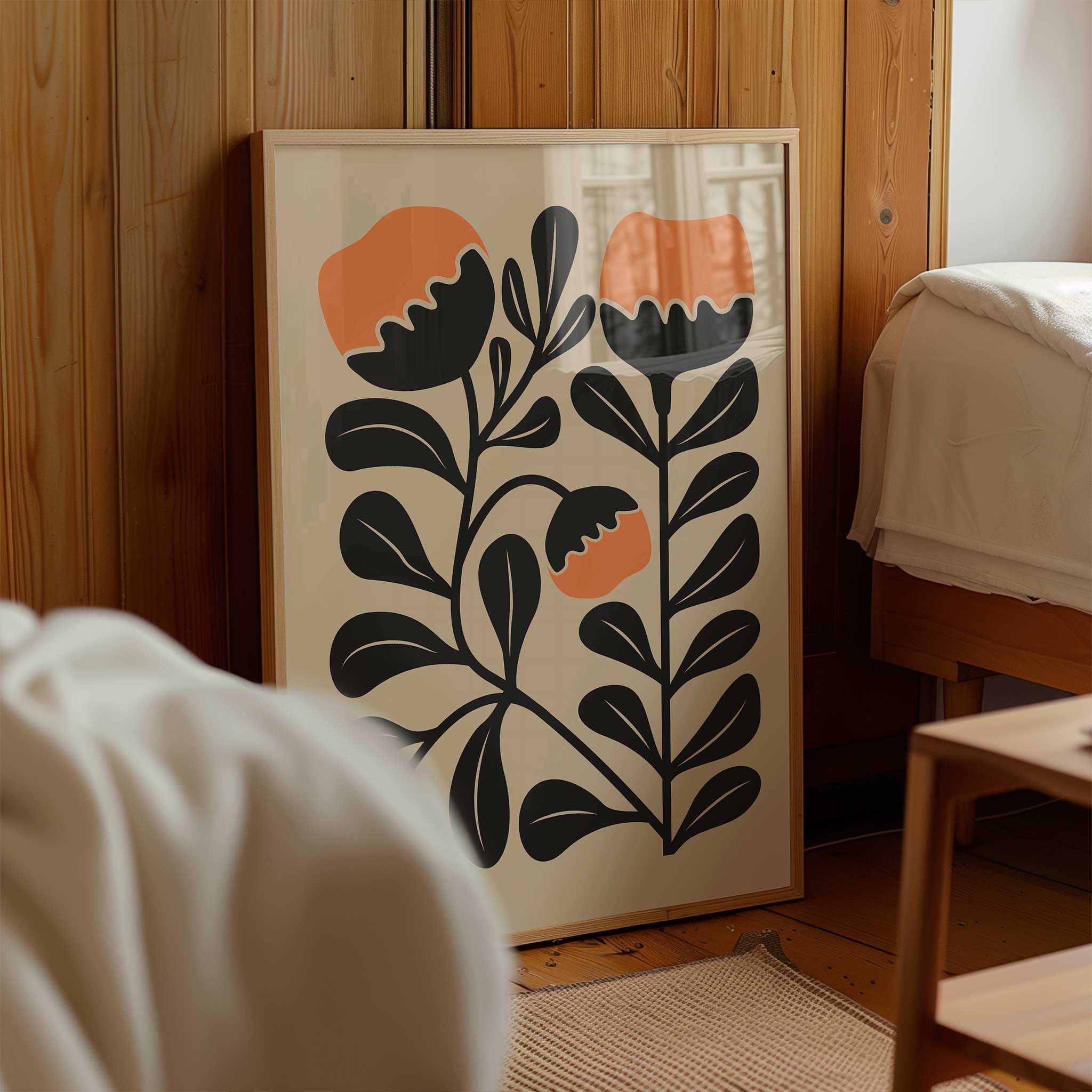 Playful modern floral art with vibrant orange clementine-inspired blooms and abstract shapes.