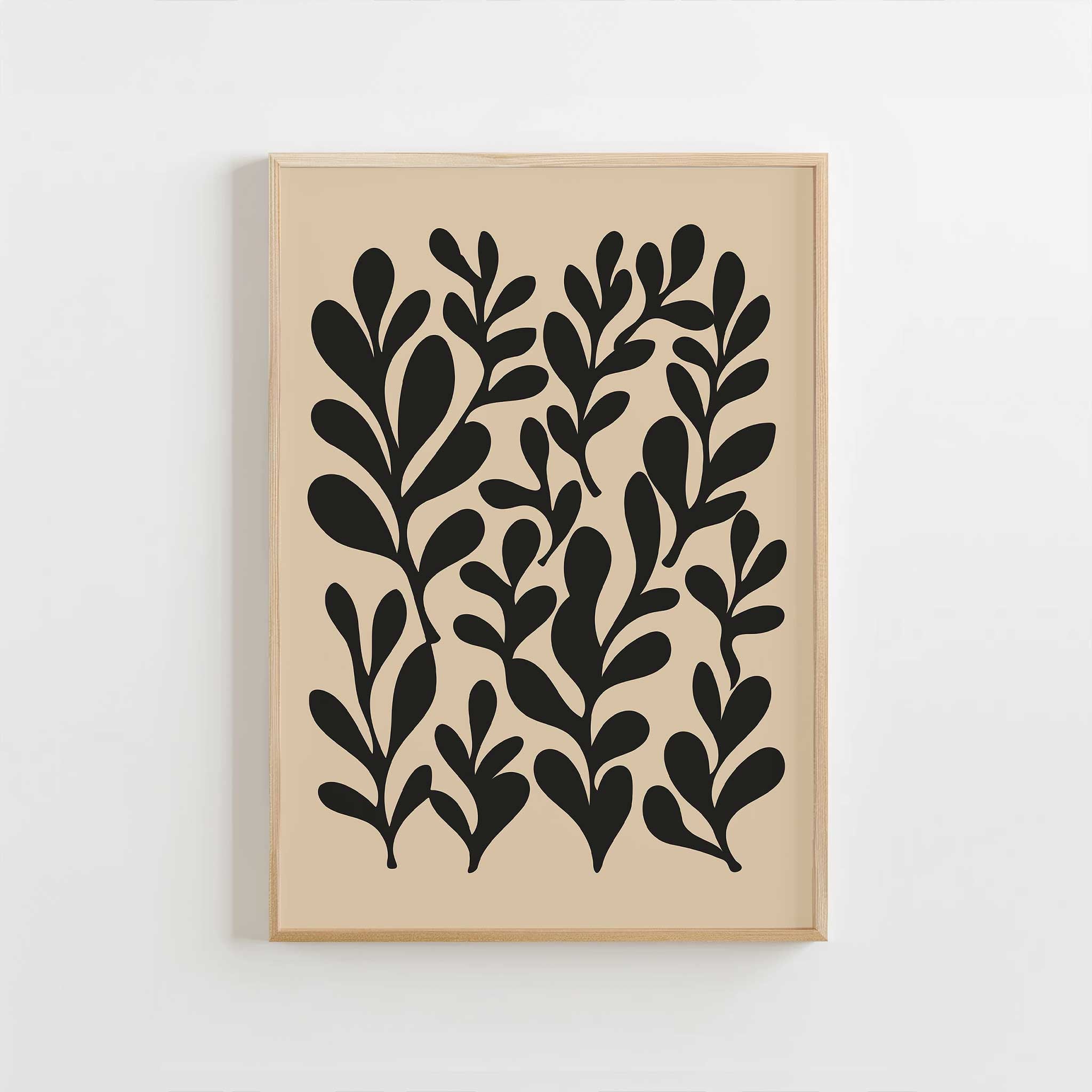 A minimalist cluster of leafy silhouettes creating a natural rhythm, modern wall art titled 'Garden Rhythm'.