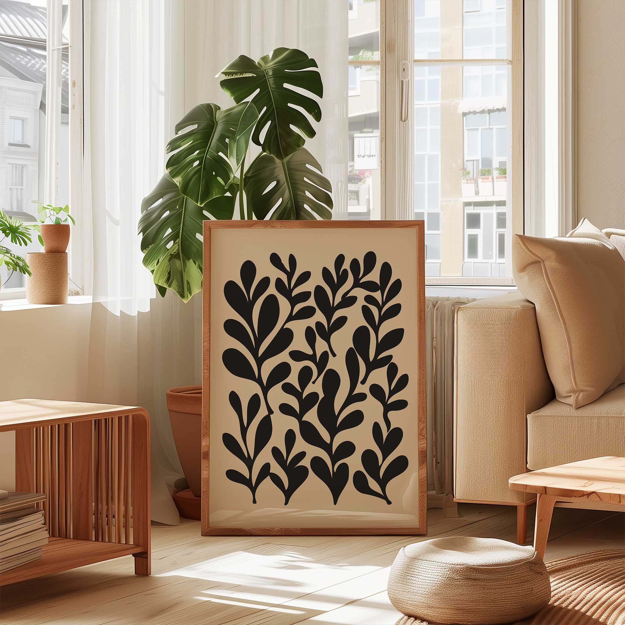 A minimalist cluster of leafy silhouettes creating a natural rhythm, modern wall art titled 'Garden Rhythm'.