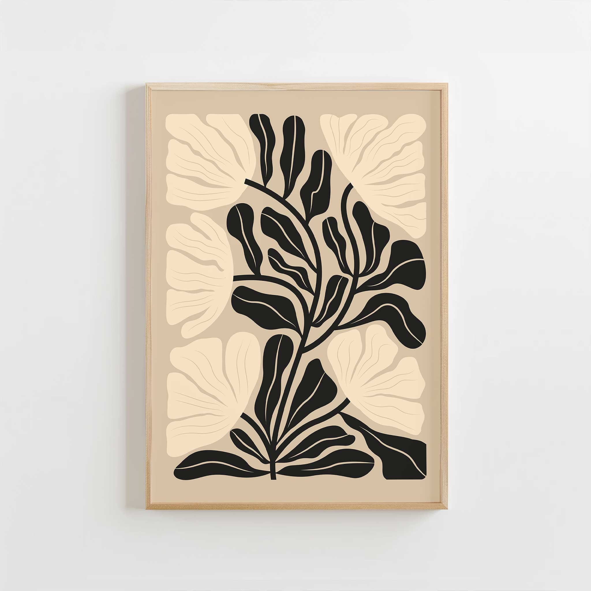 A neutral-toned minimalist print of a flowing floral silhouette, titled 'Soft Bloom'.