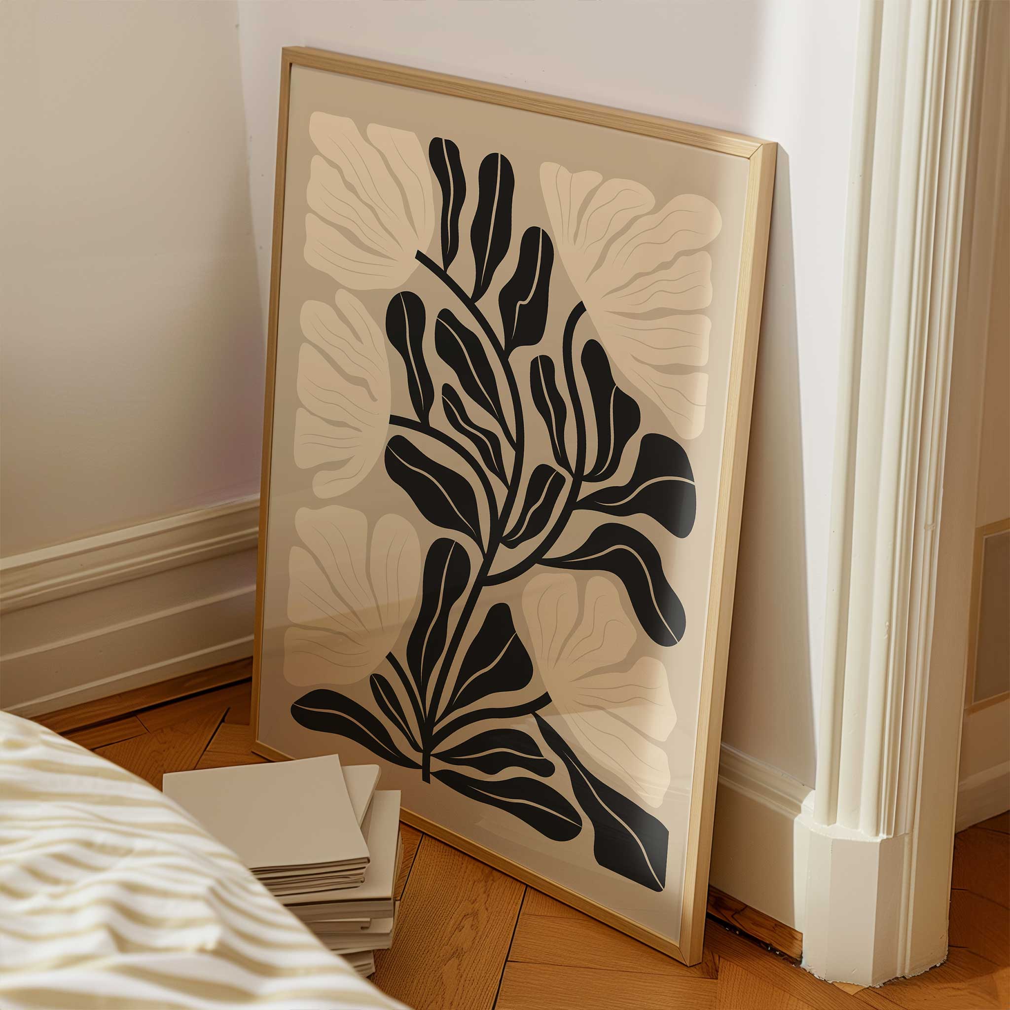A neutral-toned minimalist print of a flowing floral silhouette, titled 'Soft Bloom'.