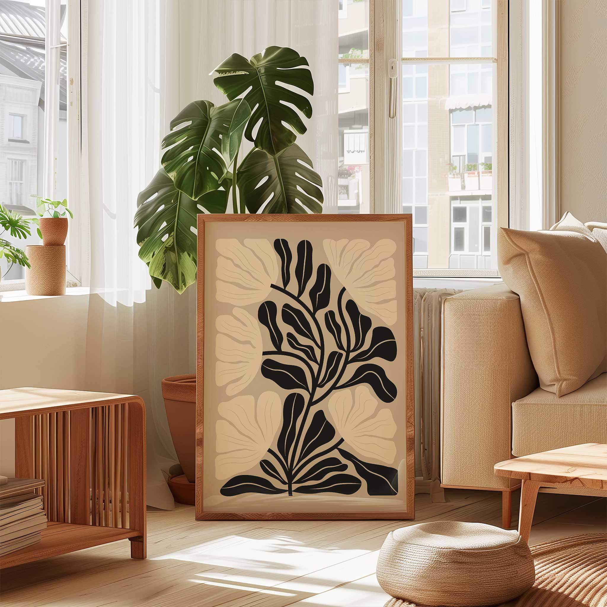 A neutral-toned minimalist print of a flowing floral silhouette, titled 'Soft Bloom'.