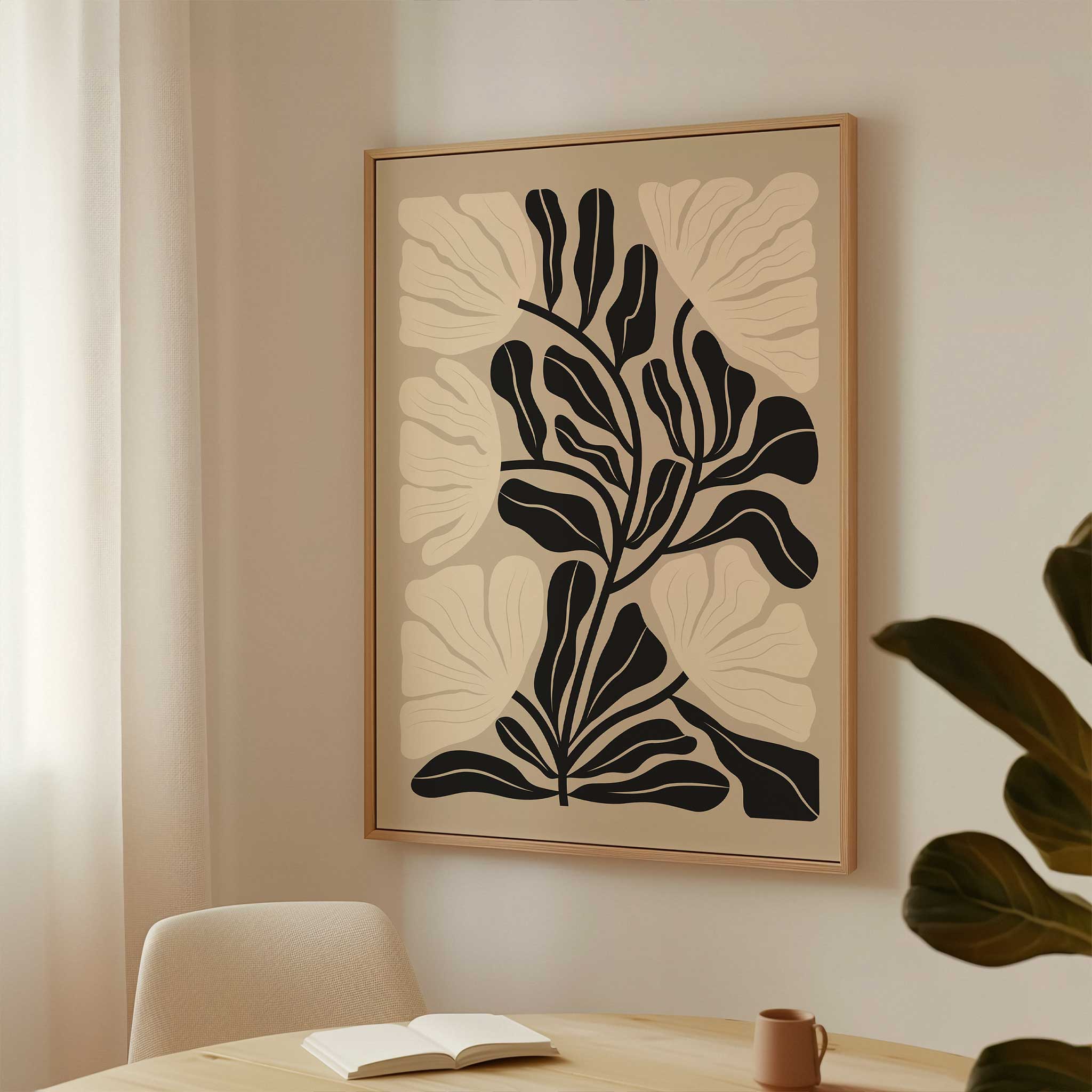 A neutral-toned minimalist print of a flowing floral silhouette, titled 'Soft Bloom'.