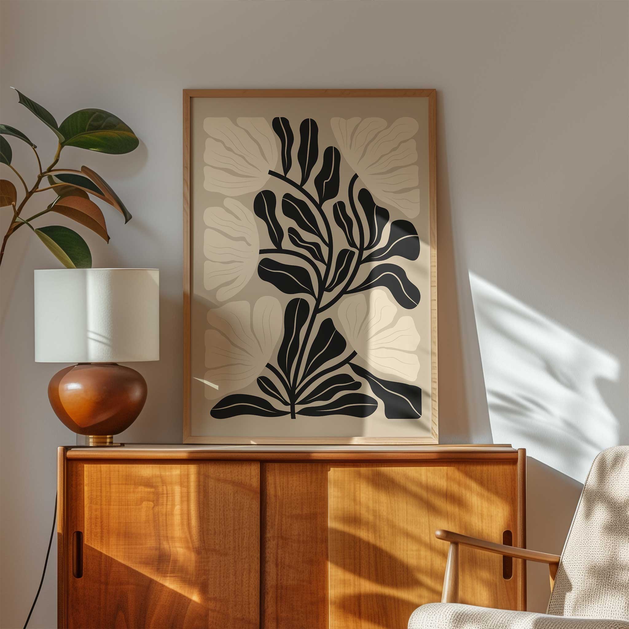 A neutral-toned minimalist print of a flowing floral silhouette, titled 'Soft Bloom'.