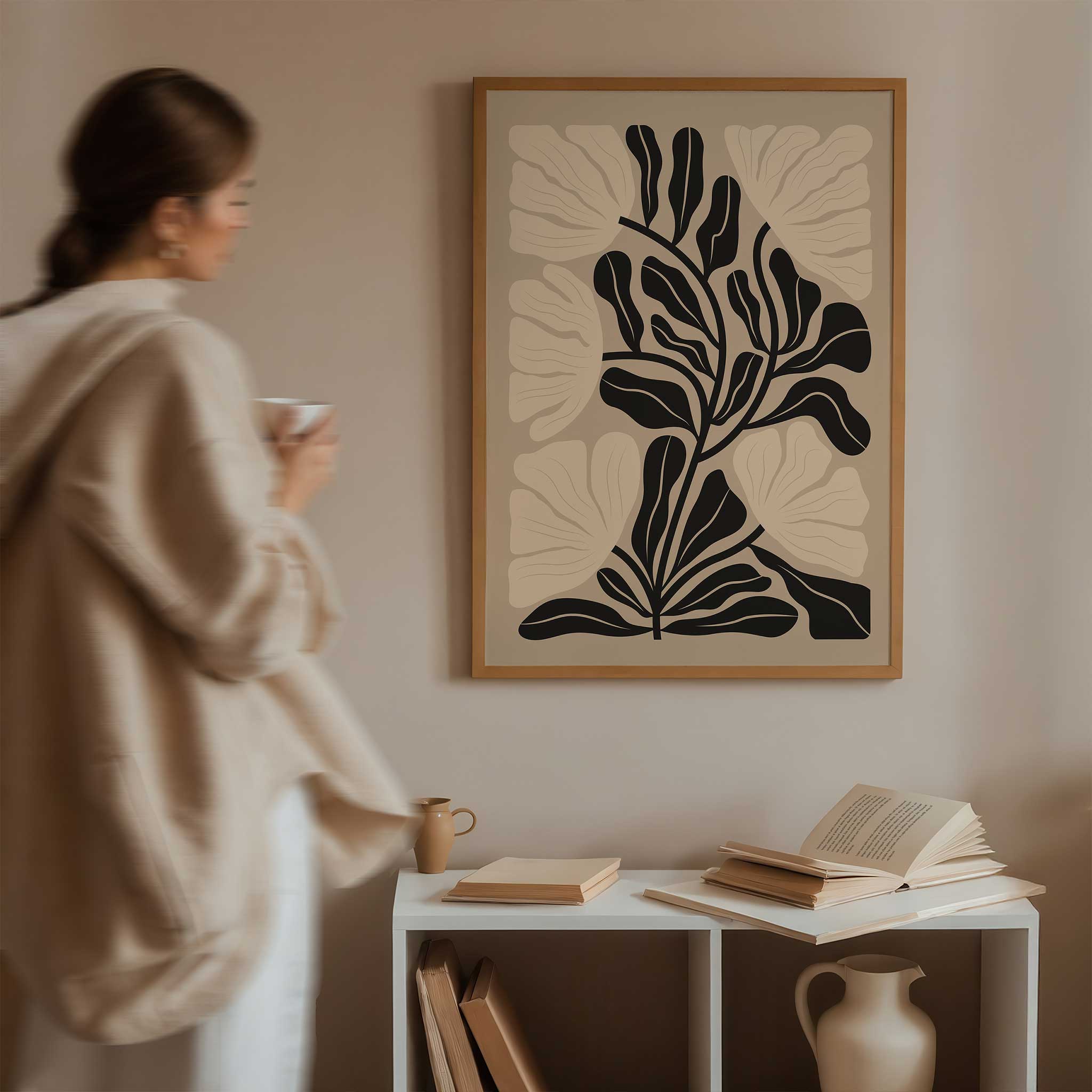 A neutral-toned minimalist print of a flowing floral silhouette, titled 'Soft Bloom'.
