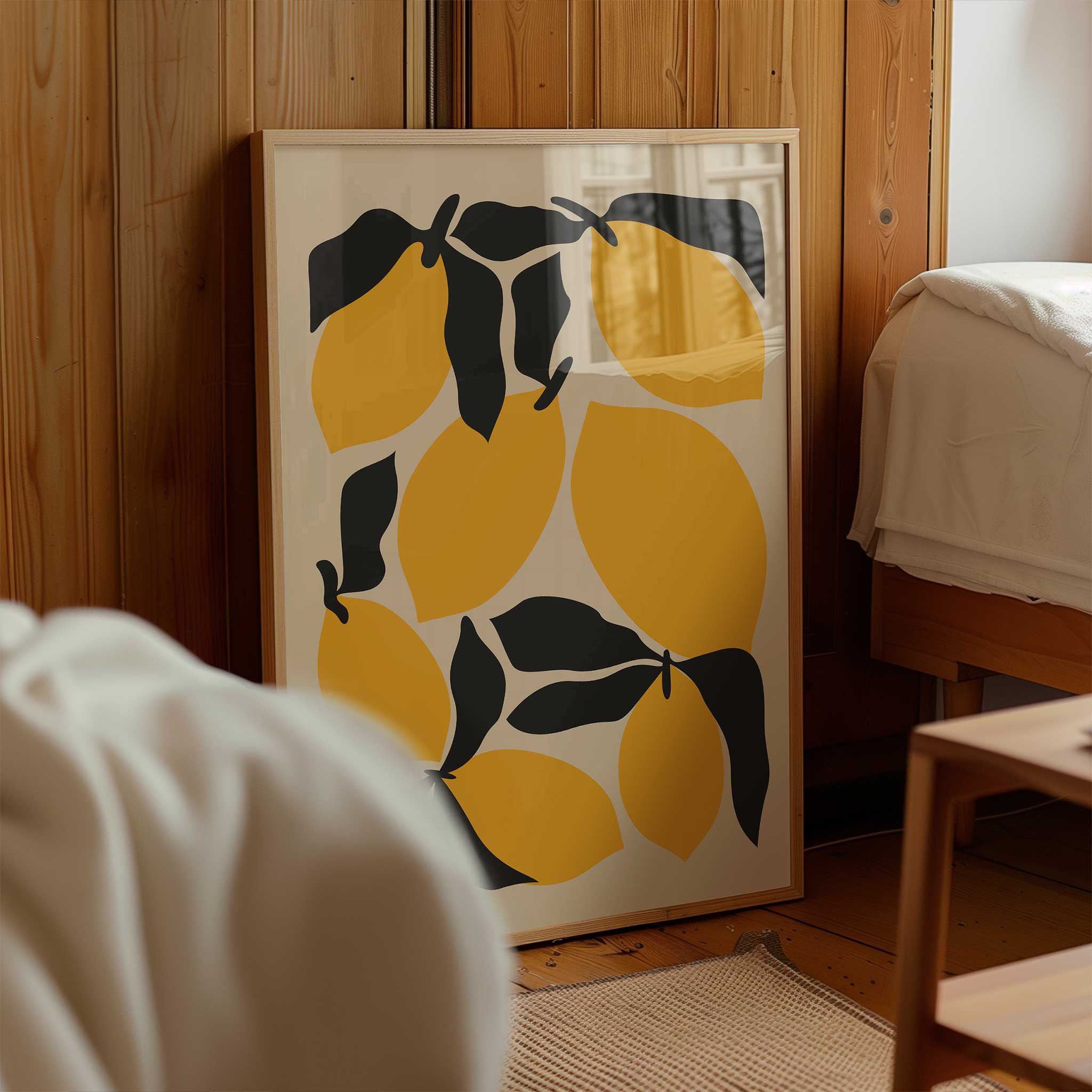 Bold and playful modern art print of a lemon, titled 'Citrus Pop', perfect for kitchen wall decor.