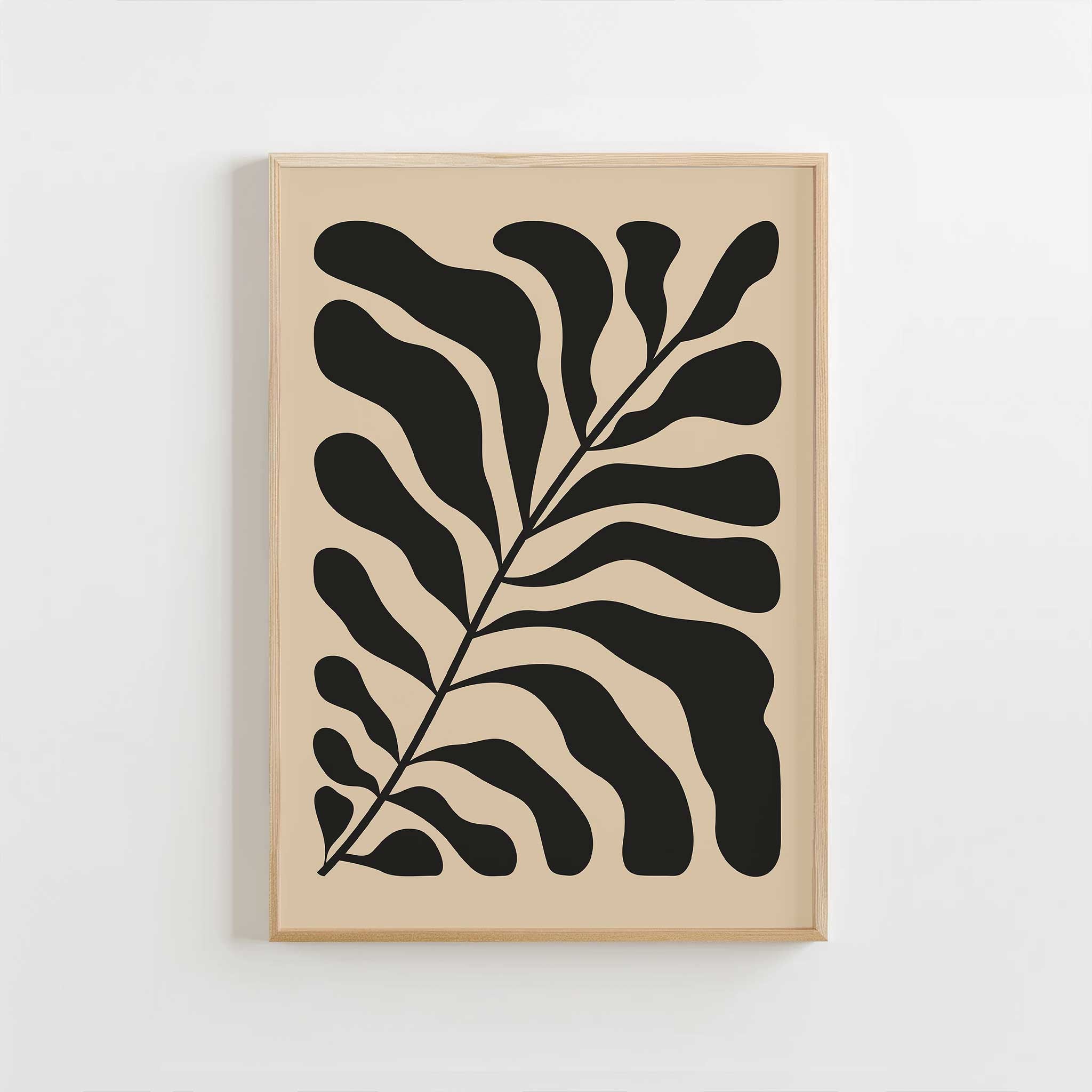 A bold, monochrome silhouette of a fern leaf on a light background, modern botanical art titled 'Night Fern'.