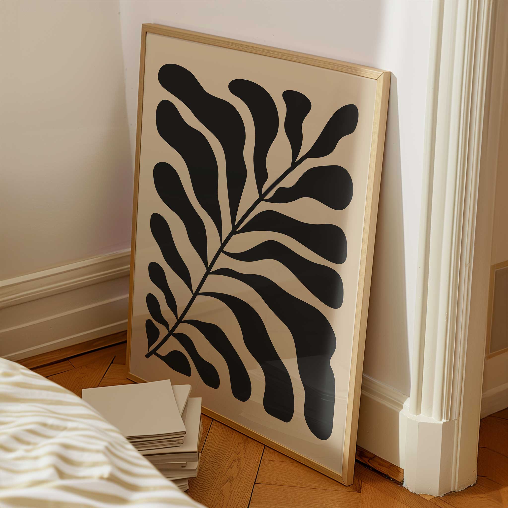 A bold, monochrome silhouette of a fern leaf on a light background, modern botanical art titled 'Night Fern'.