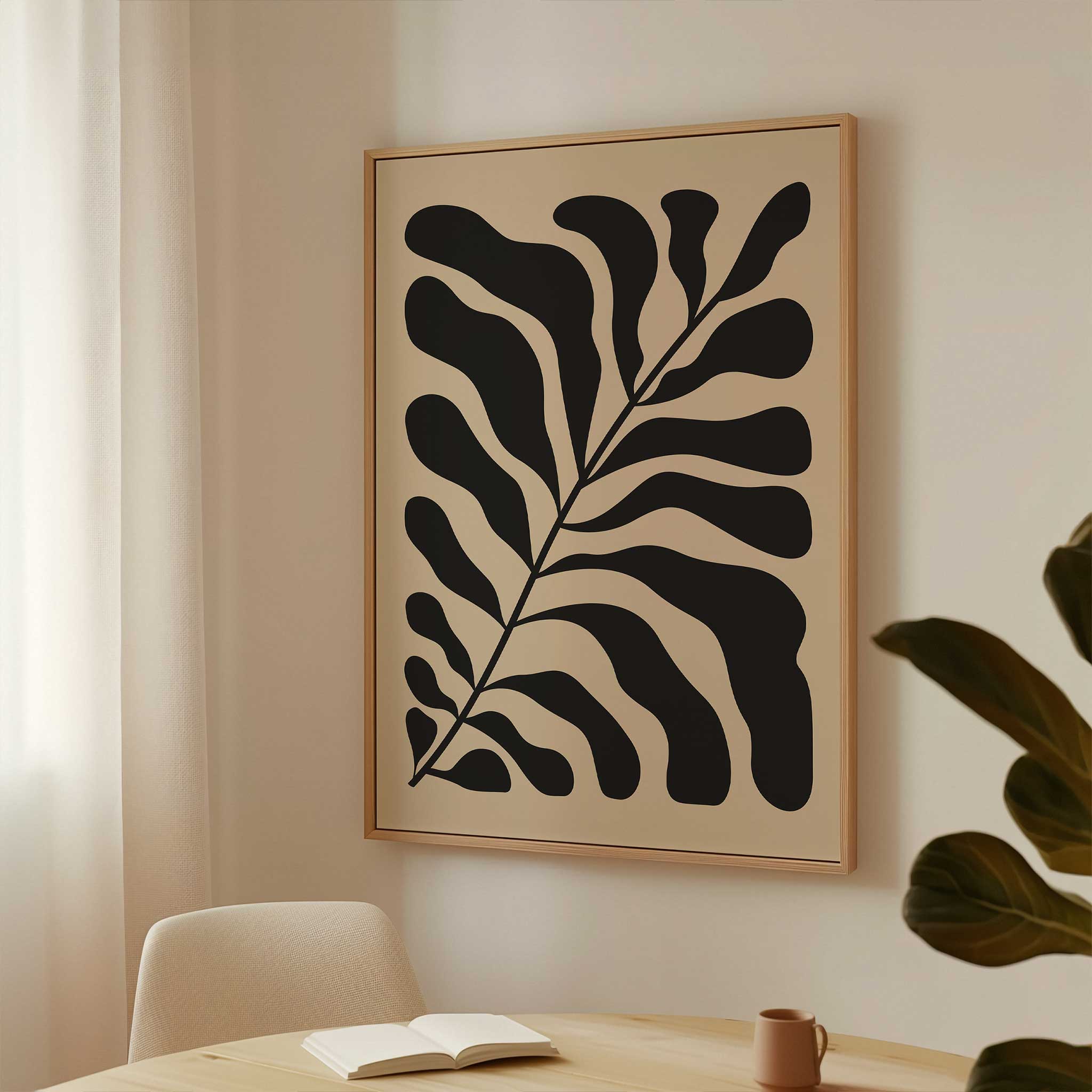 A bold, monochrome silhouette of a fern leaf on a light background, modern botanical art titled 'Night Fern'.