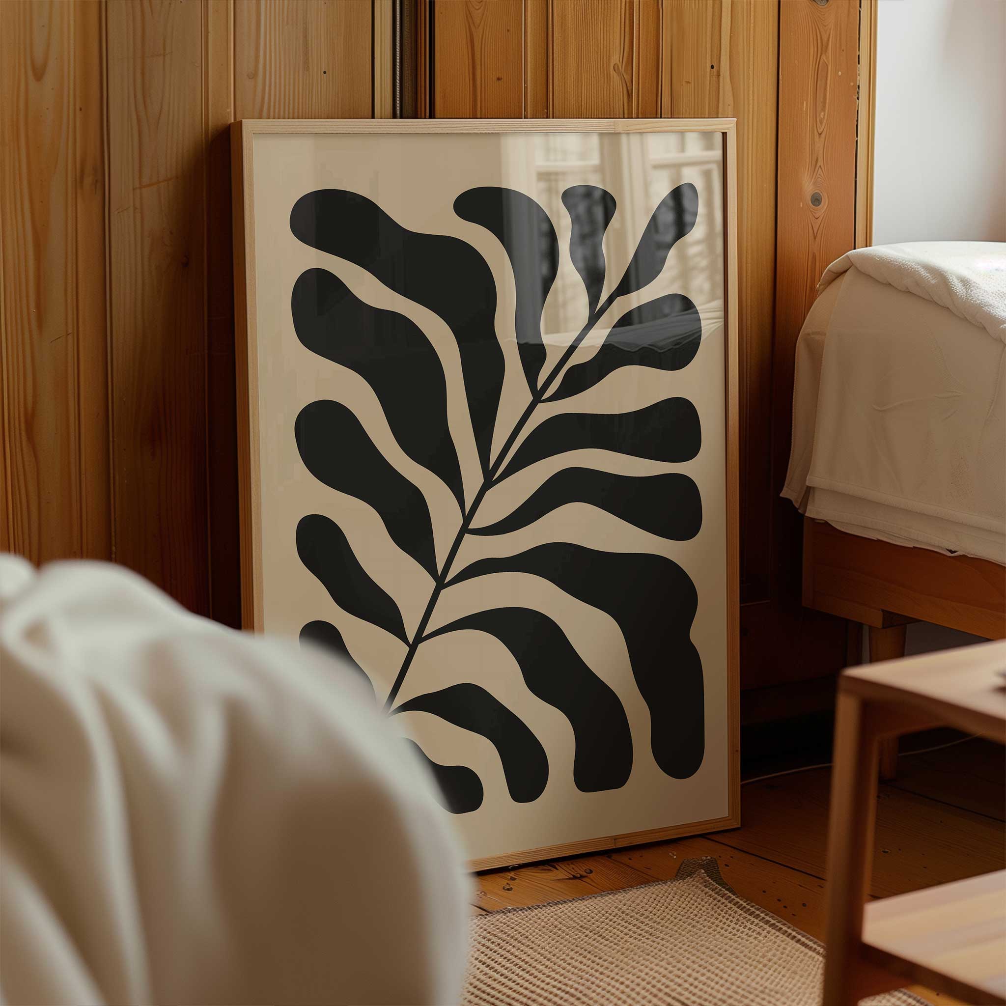 A bold, monochrome silhouette of a fern leaf on a light background, modern botanical art titled 'Night Fern'.