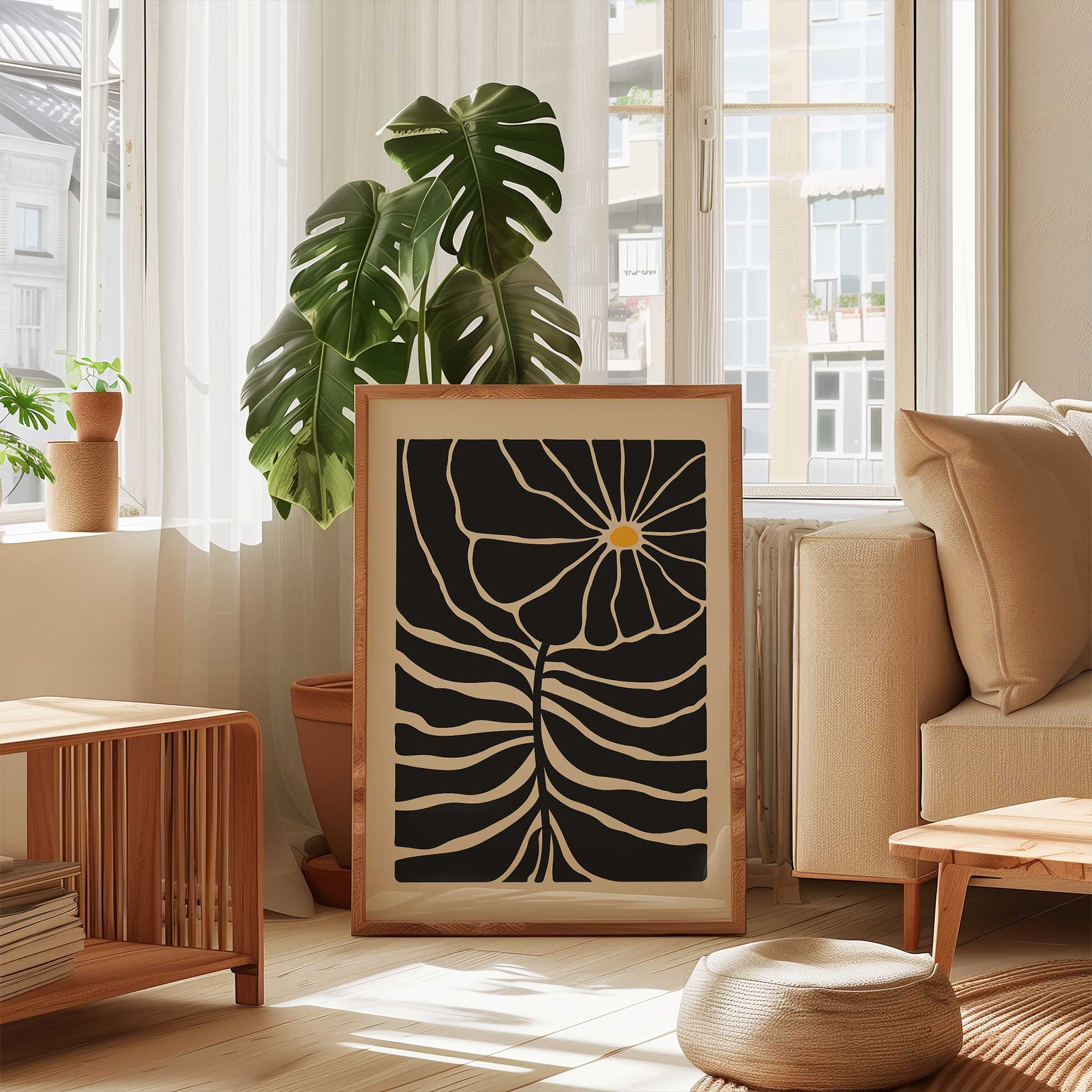 Graphic floral art with a single bright bloom and radiating lines, a minimalist print titled 'Solar Bloom'.