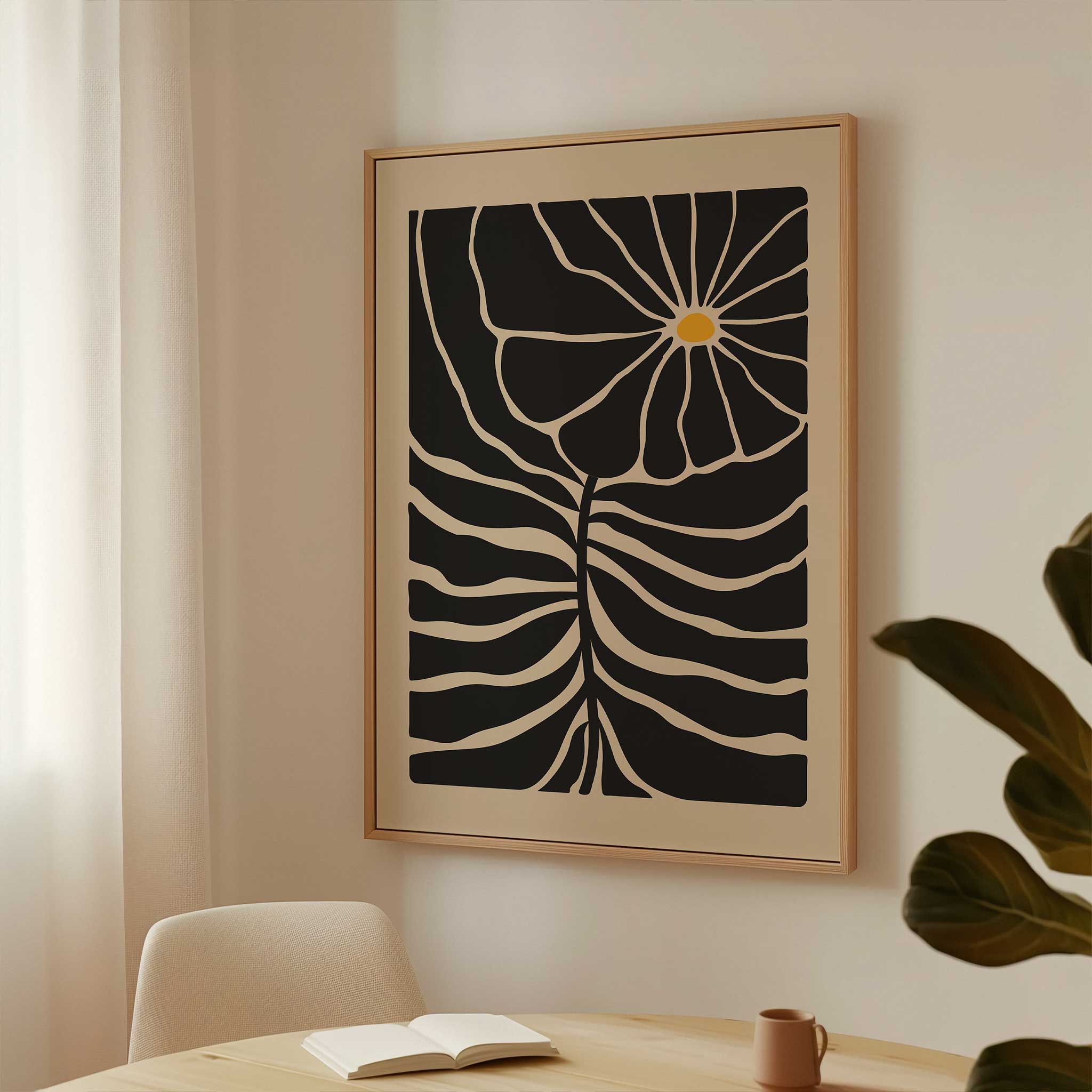 Graphic floral art with a single bright bloom and radiating lines, a minimalist print titled 'Solar Bloom'.
