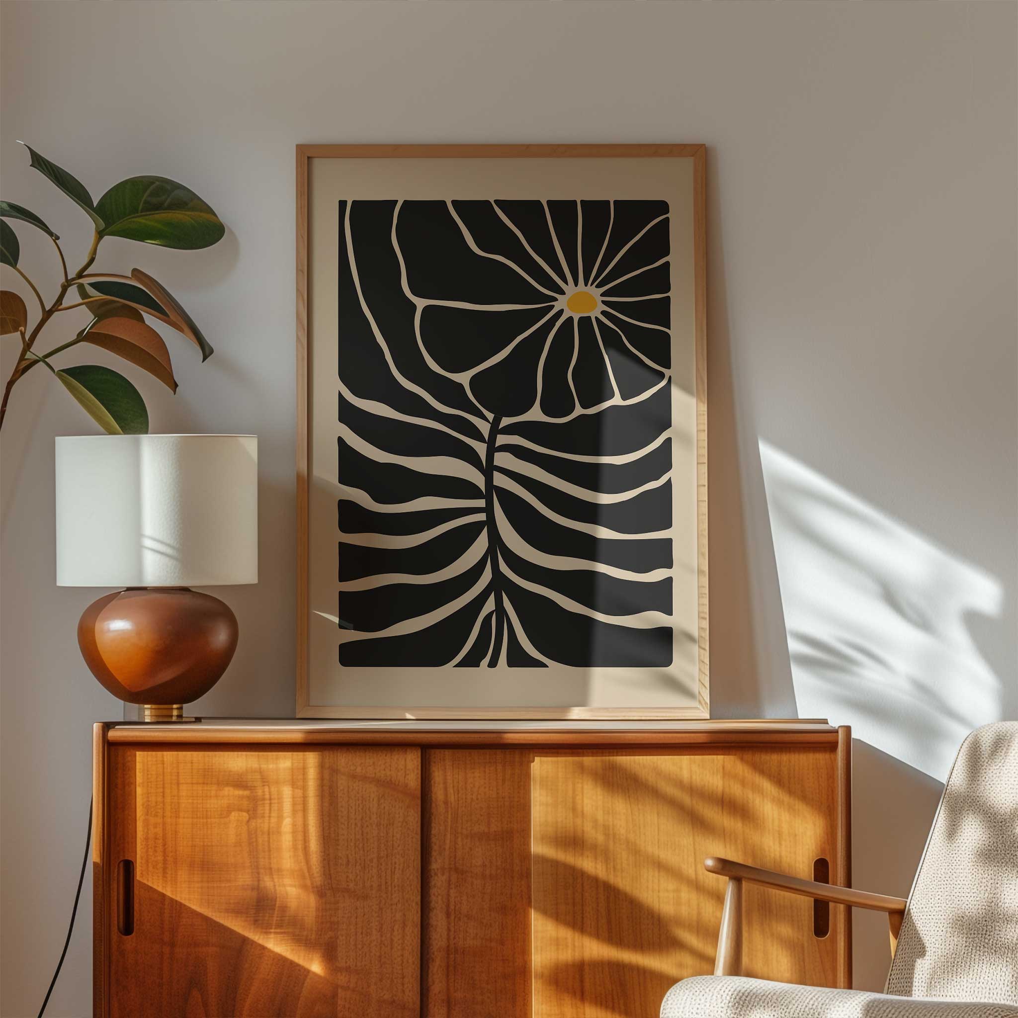 Graphic floral art with a single bright bloom and radiating lines, a minimalist print titled 'Solar Bloom'.