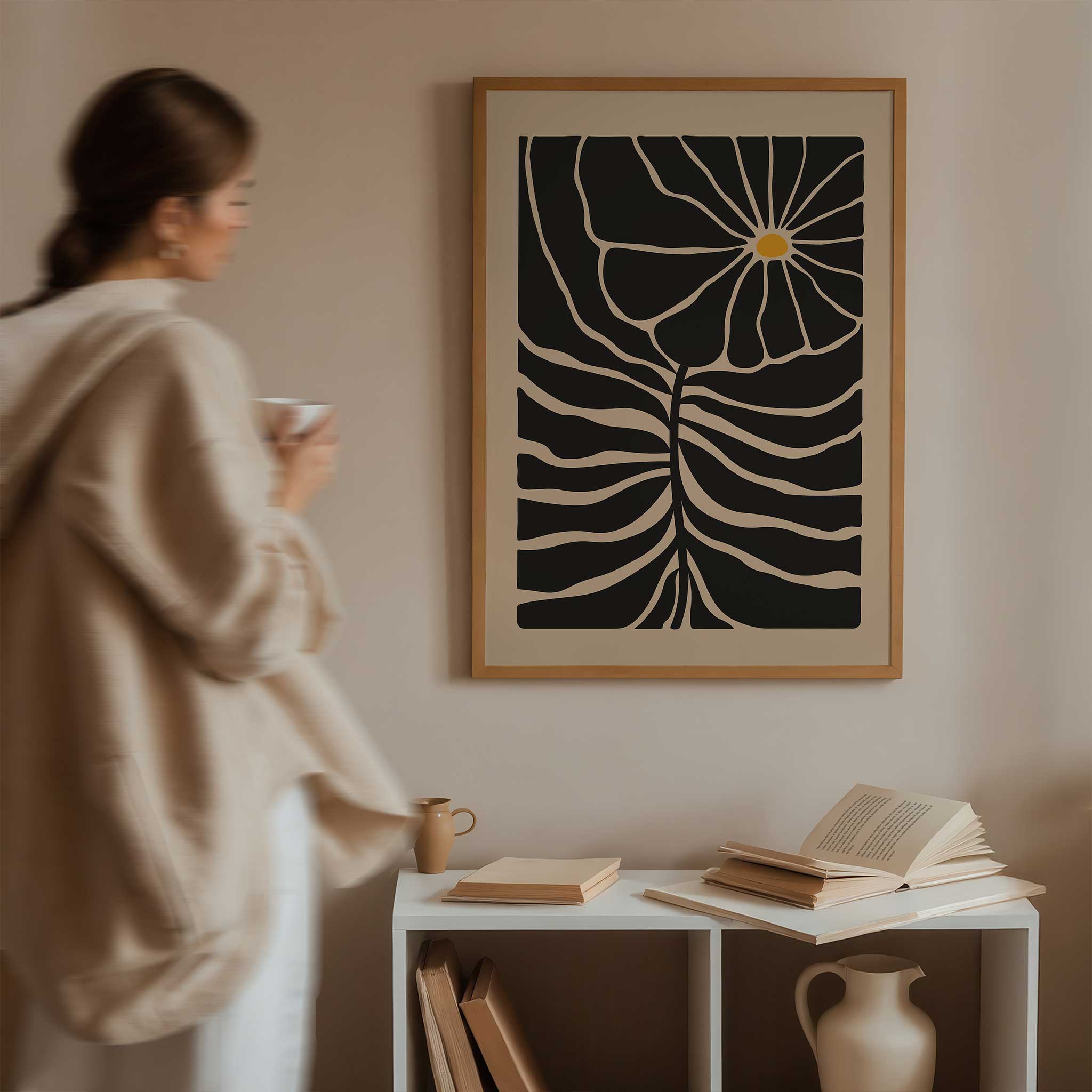 Graphic floral art with a single bright bloom and radiating lines, a minimalist print titled 'Solar Bloom'.