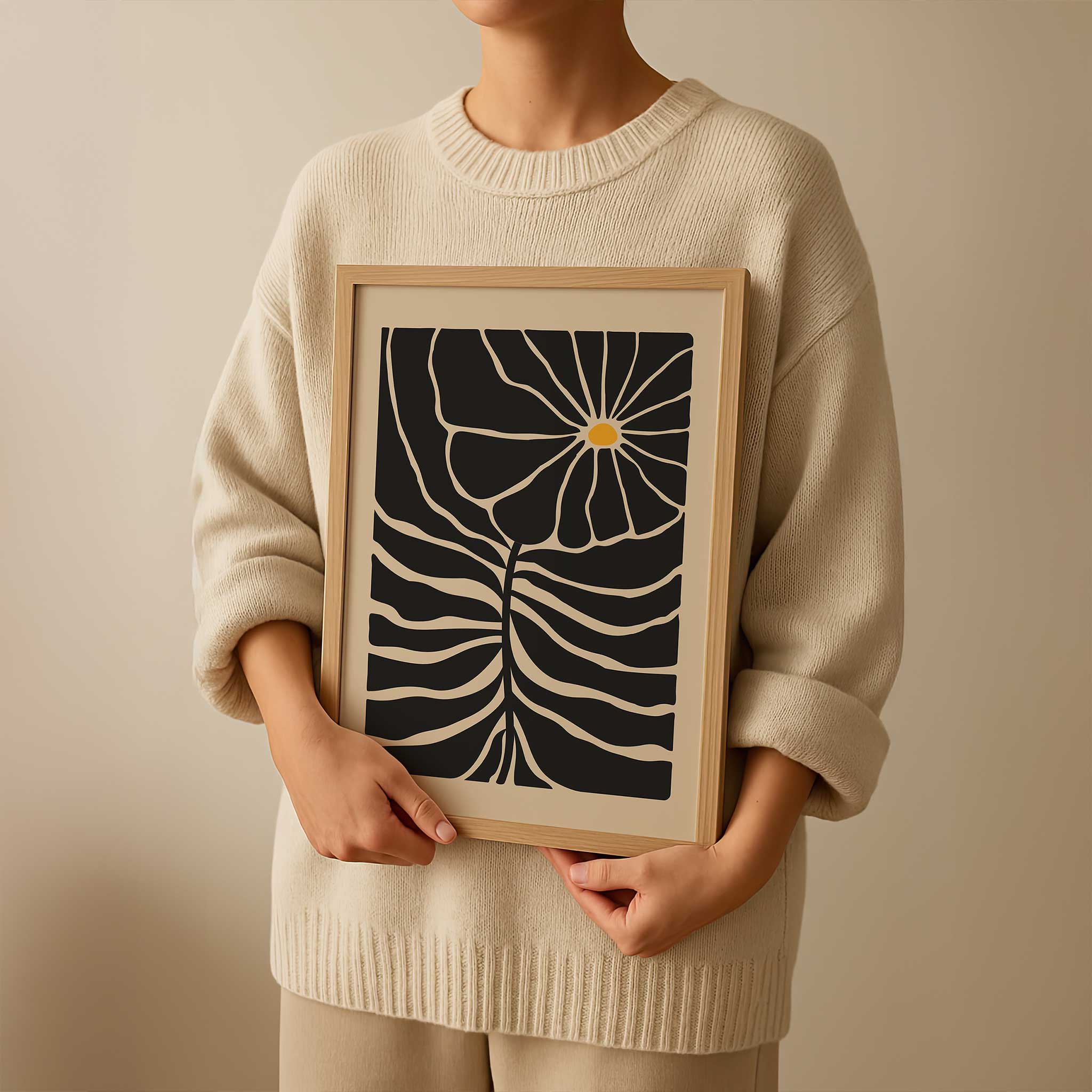 Graphic floral art with a single bright bloom and radiating lines, a minimalist print titled 'Solar Bloom'.