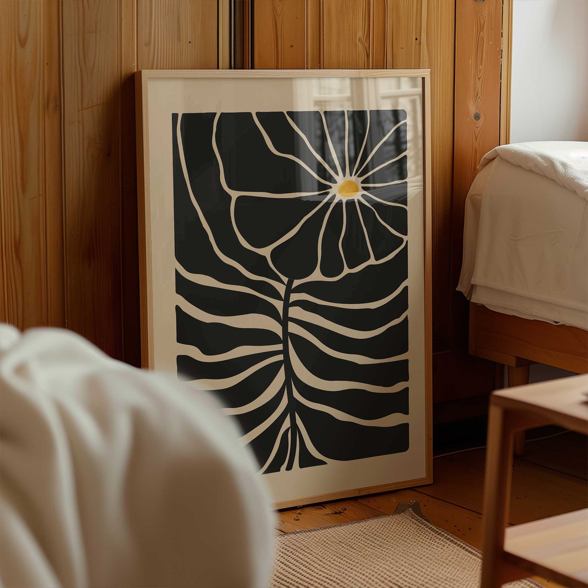 Graphic floral art with a single bright bloom and radiating lines, a minimalist print titled 'Solar Bloom'.
