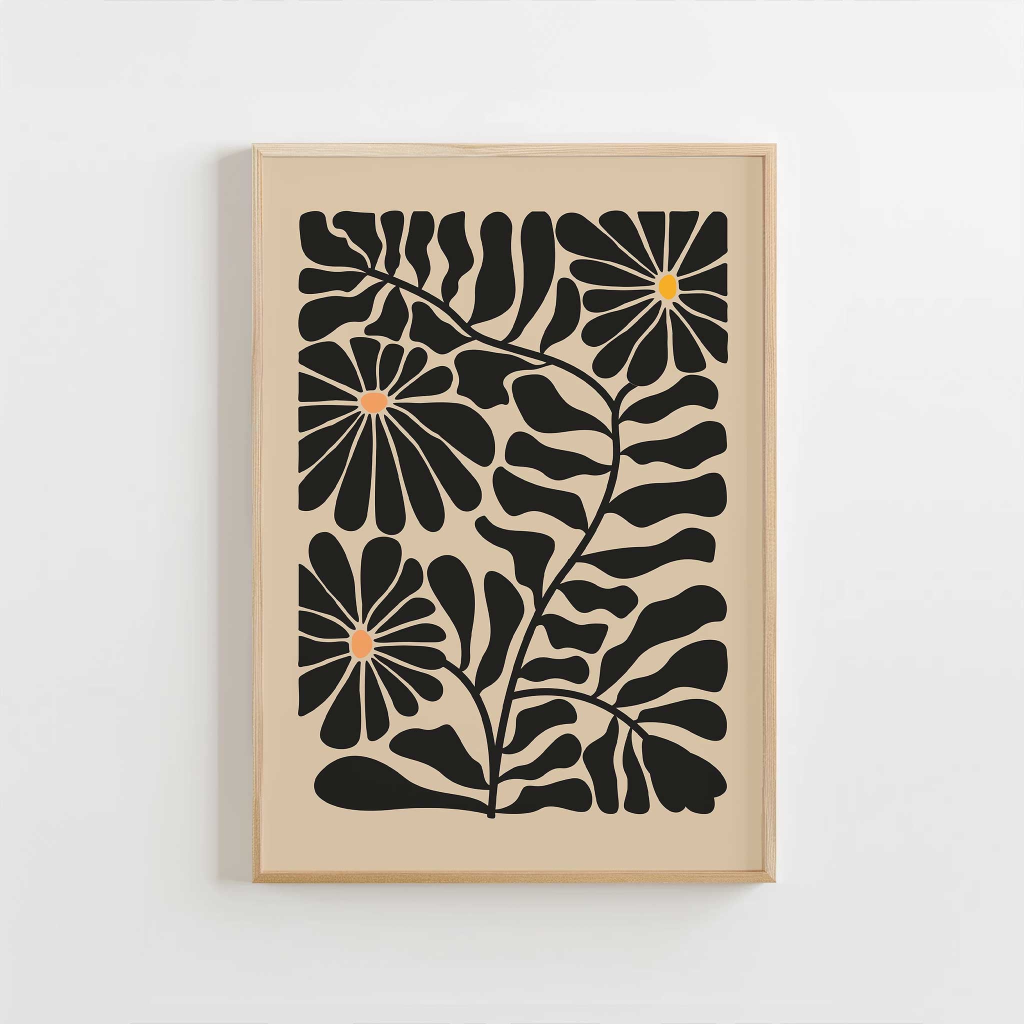 Modern floral art print featuring three daisy-like sunburst blooms against dark foliage.