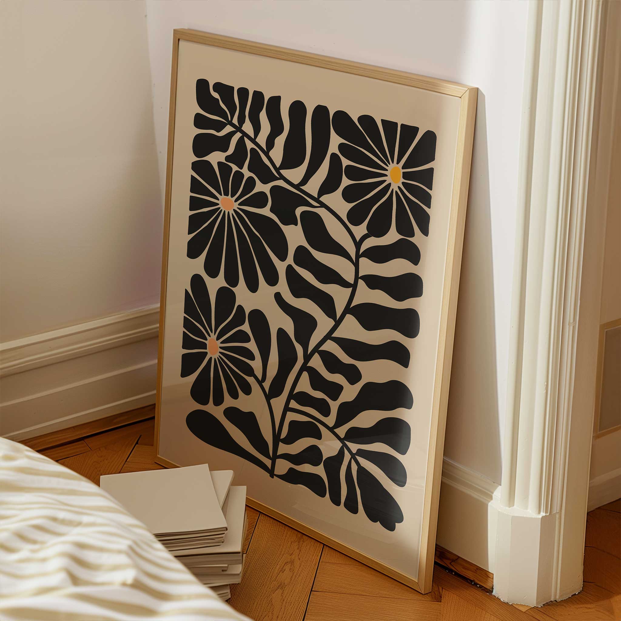 Modern floral art print featuring three daisy-like sunburst blooms against dark foliage.