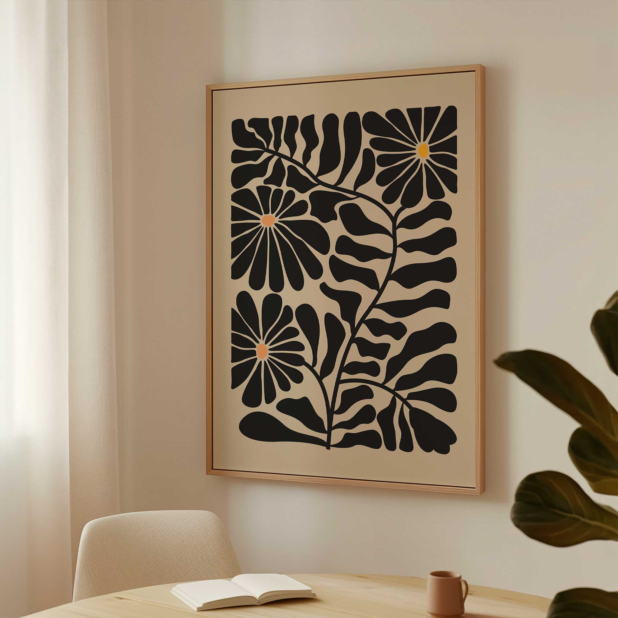 Modern floral art print featuring three daisy-like sunburst blooms against dark foliage.