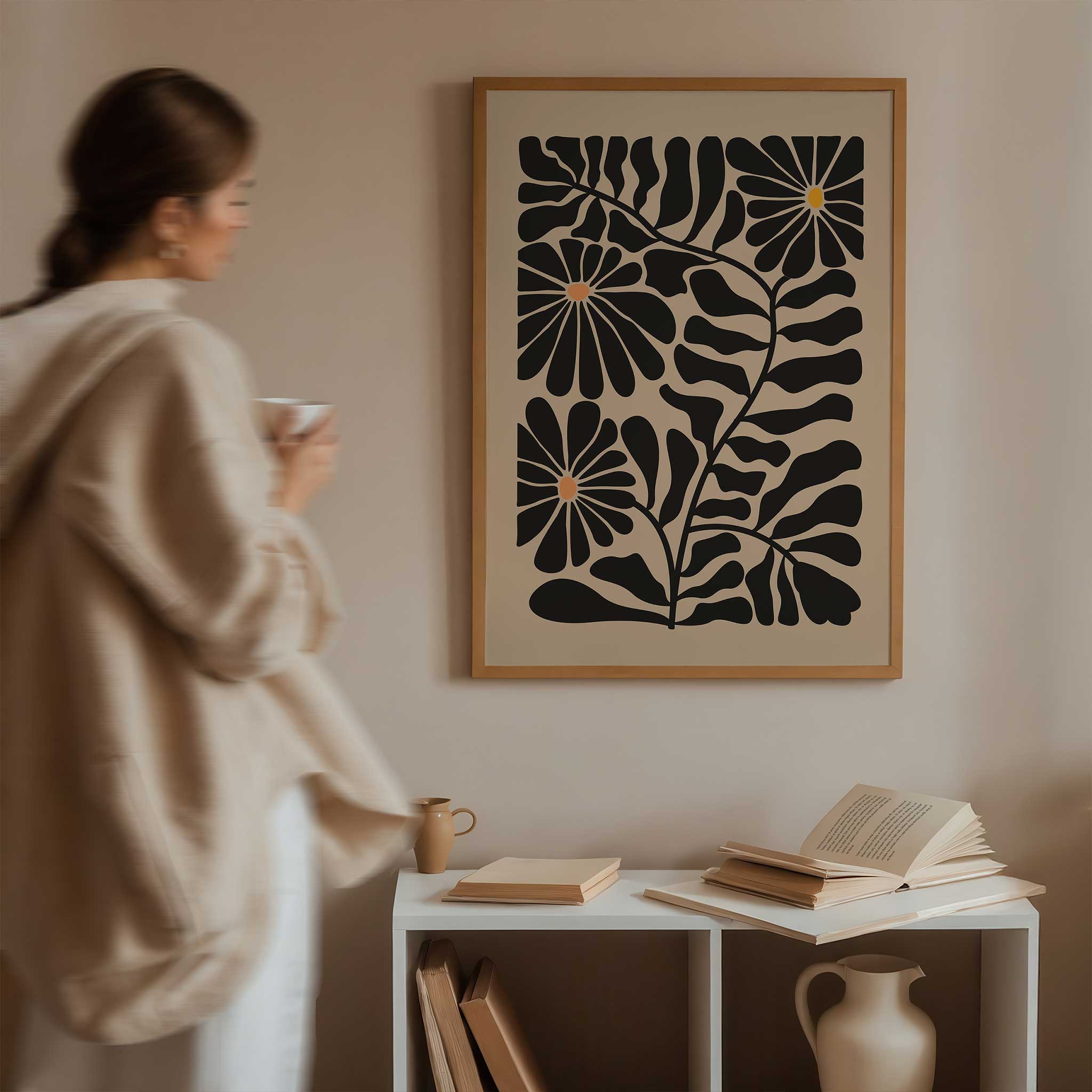 Modern floral art print featuring three daisy-like sunburst blooms against dark foliage.