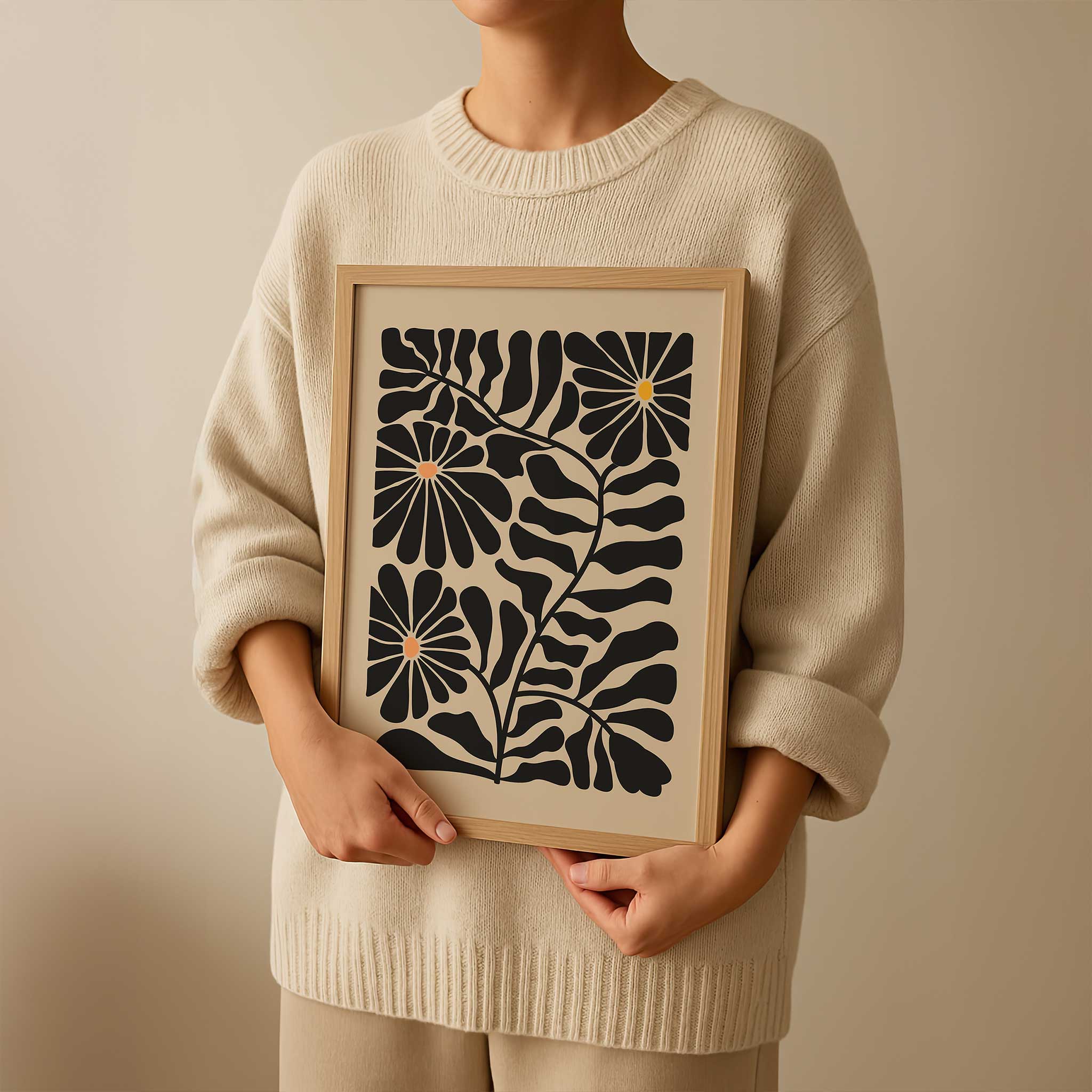 Modern floral art print featuring three daisy-like sunburst blooms against dark foliage.
