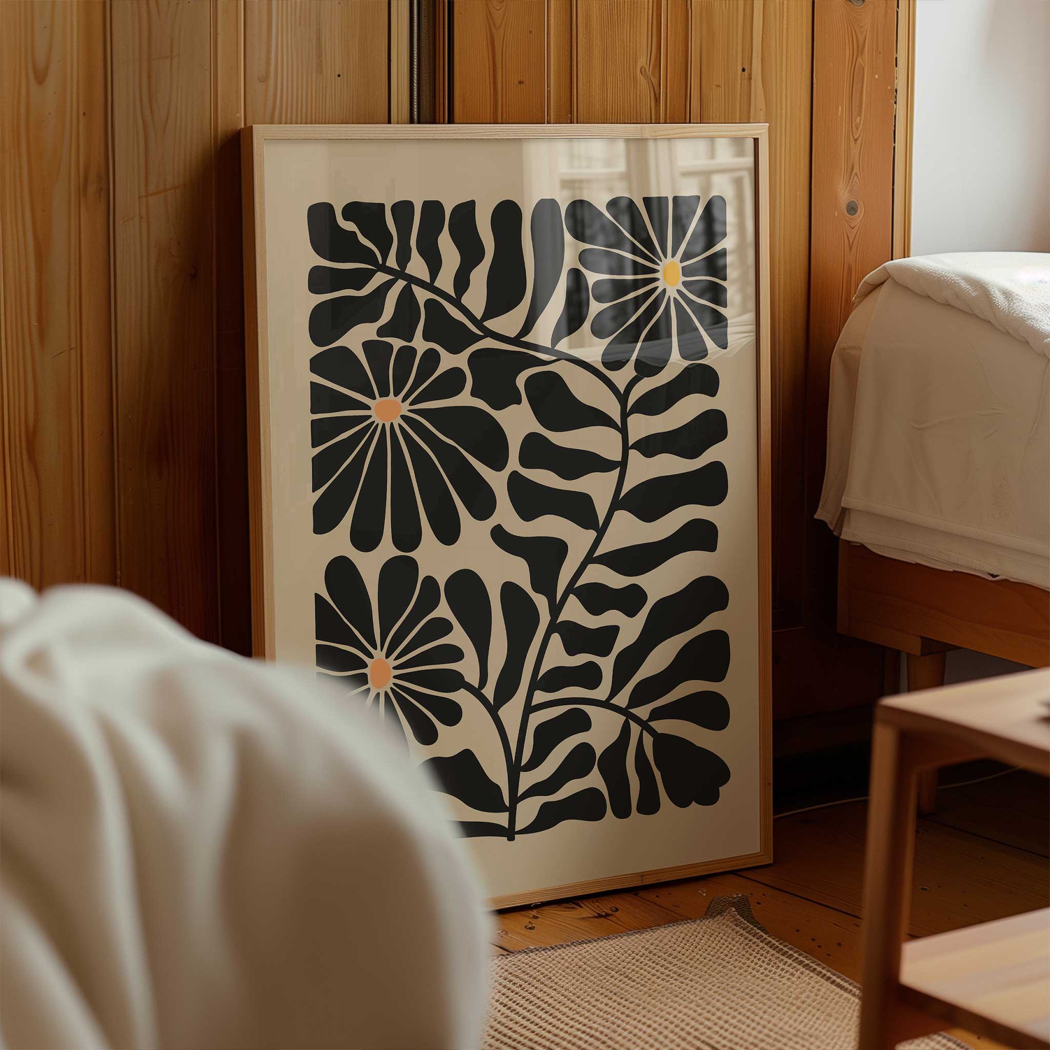 Modern floral art print featuring three daisy-like sunburst blooms against dark foliage.