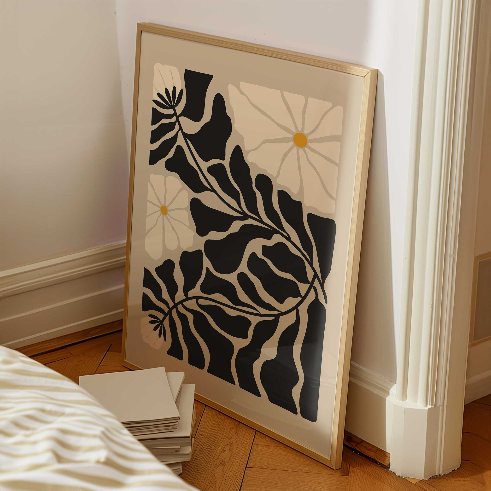 A serene, layered composition of delicate floral petals and winding stems, titled 'Meadow Veins'.