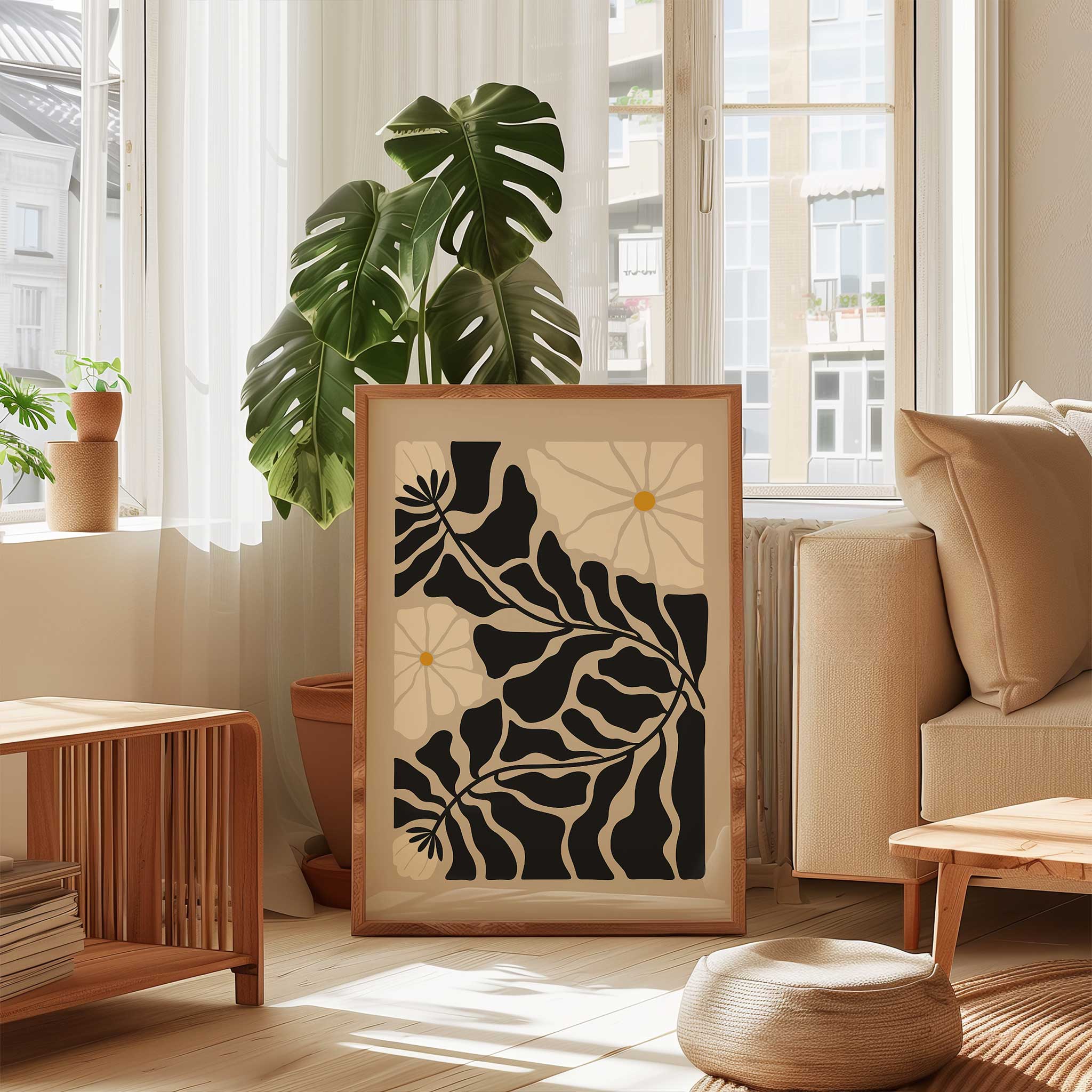 A serene, layered composition of delicate floral petals and winding stems, titled 'Meadow Veins'.