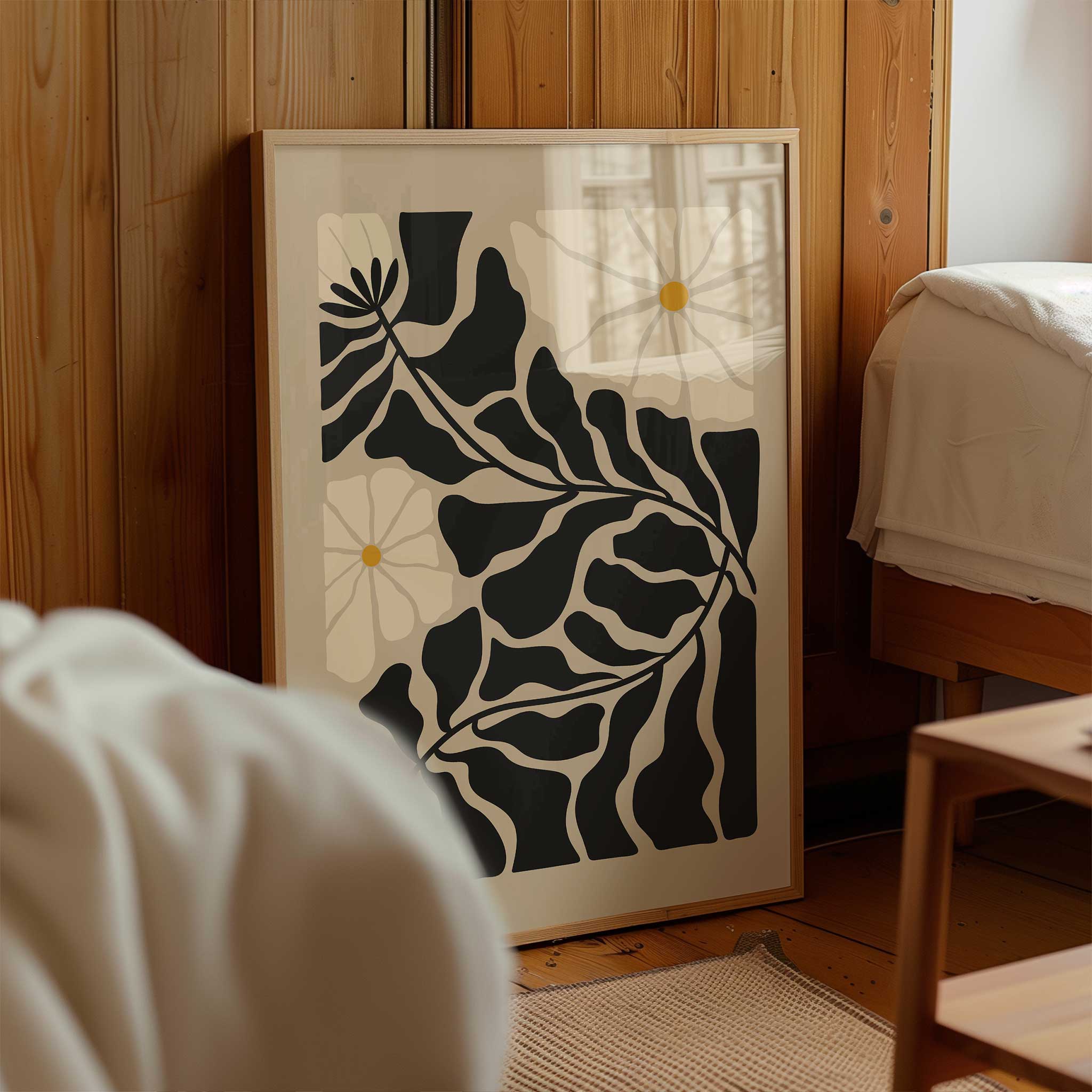 A serene, layered composition of delicate floral petals and winding stems, titled 'Meadow Veins'.