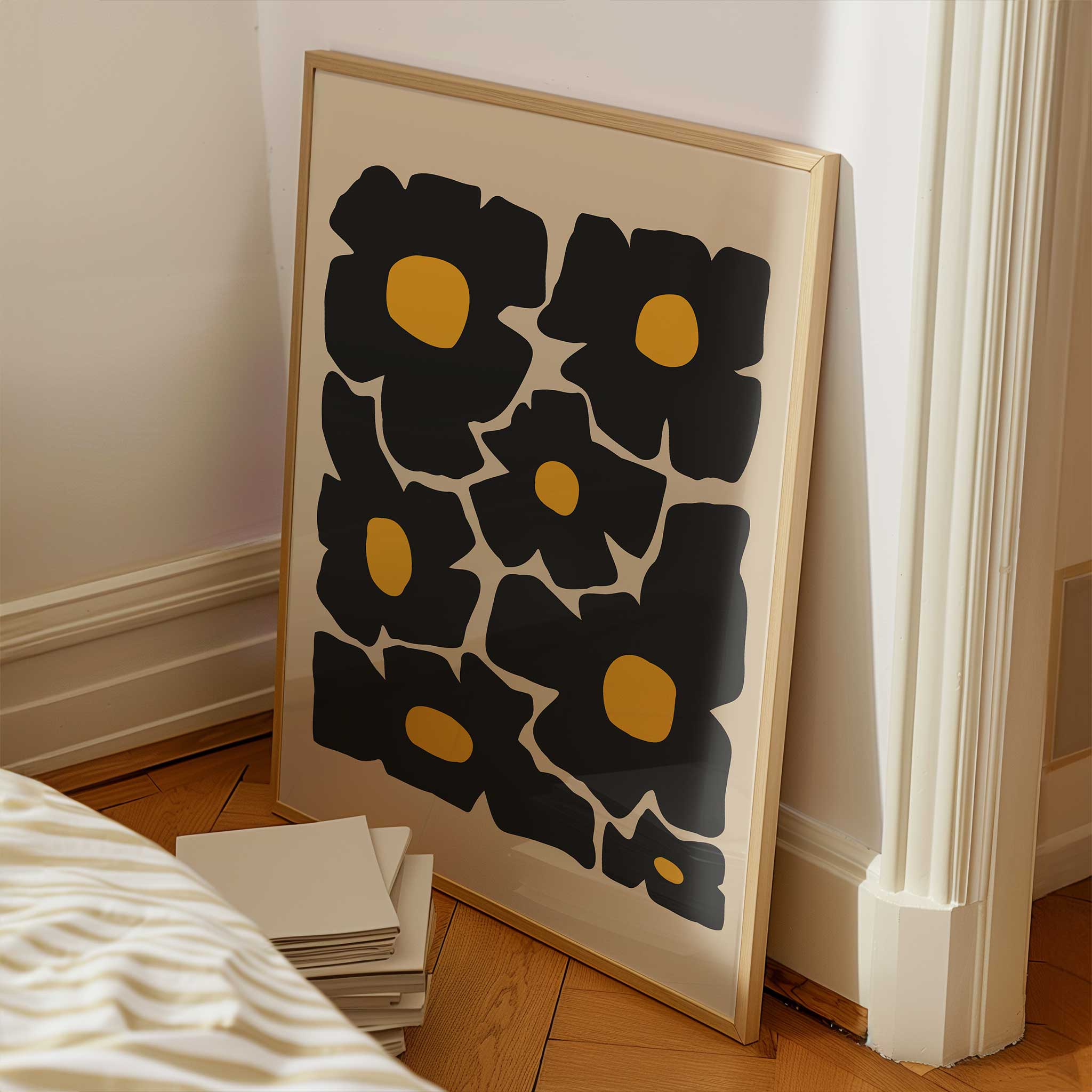 Bold minimalist floral art of oversized golden poppies, a vibrant print titled 'Golden Poppies'.