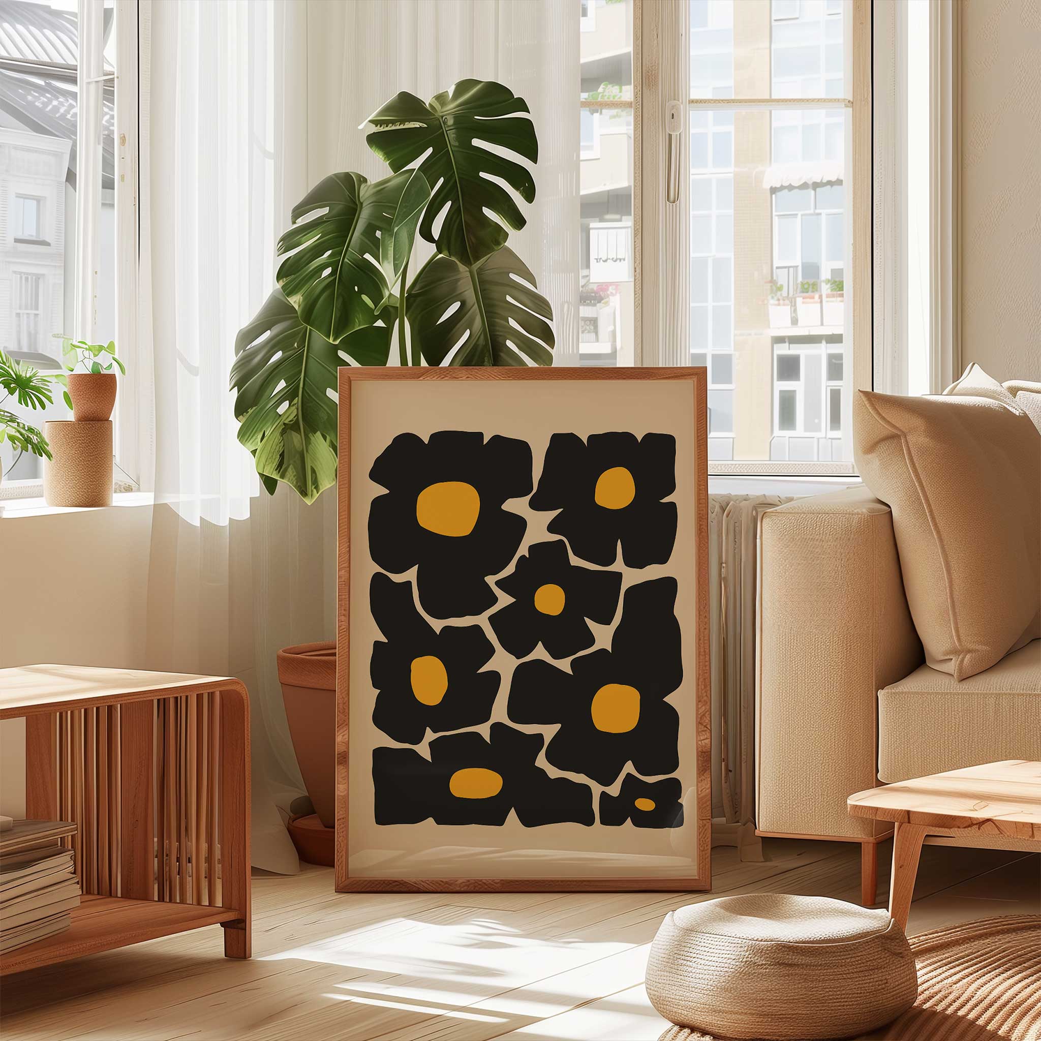 Bold minimalist floral art of oversized golden poppies, a vibrant print titled 'Golden Poppies'.