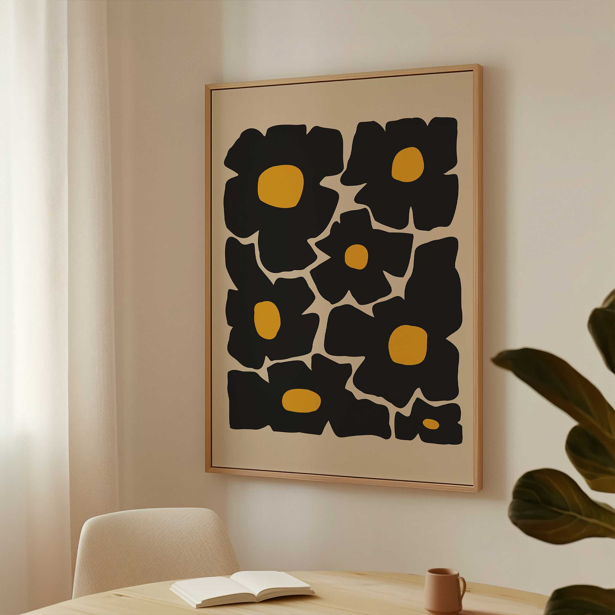 Bold minimalist floral art of oversized golden poppies, a vibrant print titled 'Golden Poppies'.