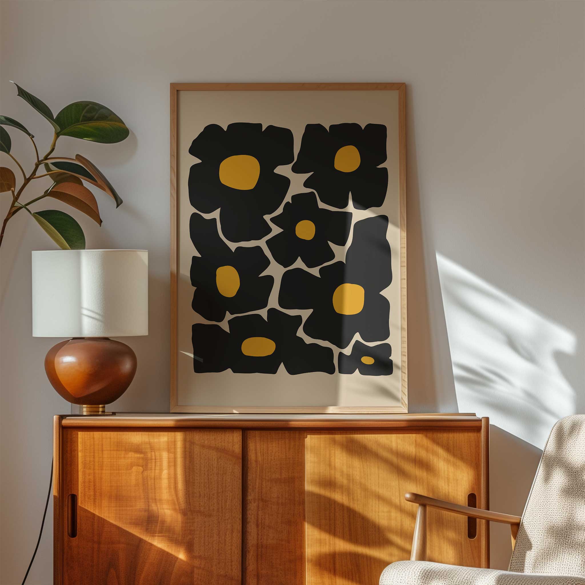Bold minimalist floral art of oversized golden poppies, a vibrant print titled 'Golden Poppies'.