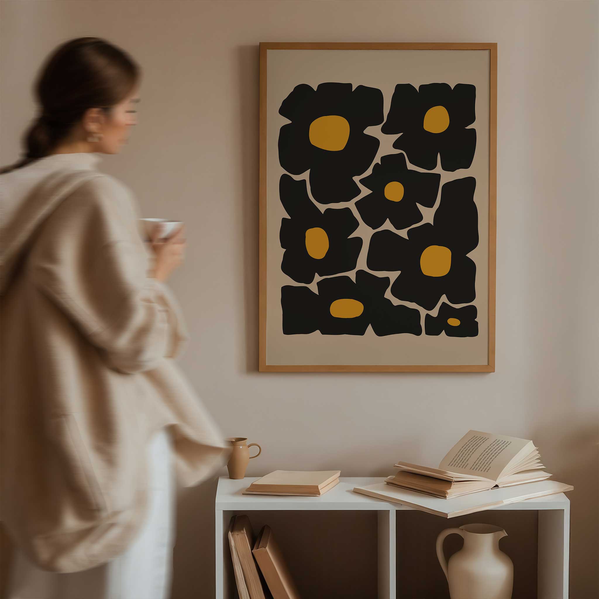 Bold minimalist floral art of oversized golden poppies, a vibrant print titled 'Golden Poppies'.