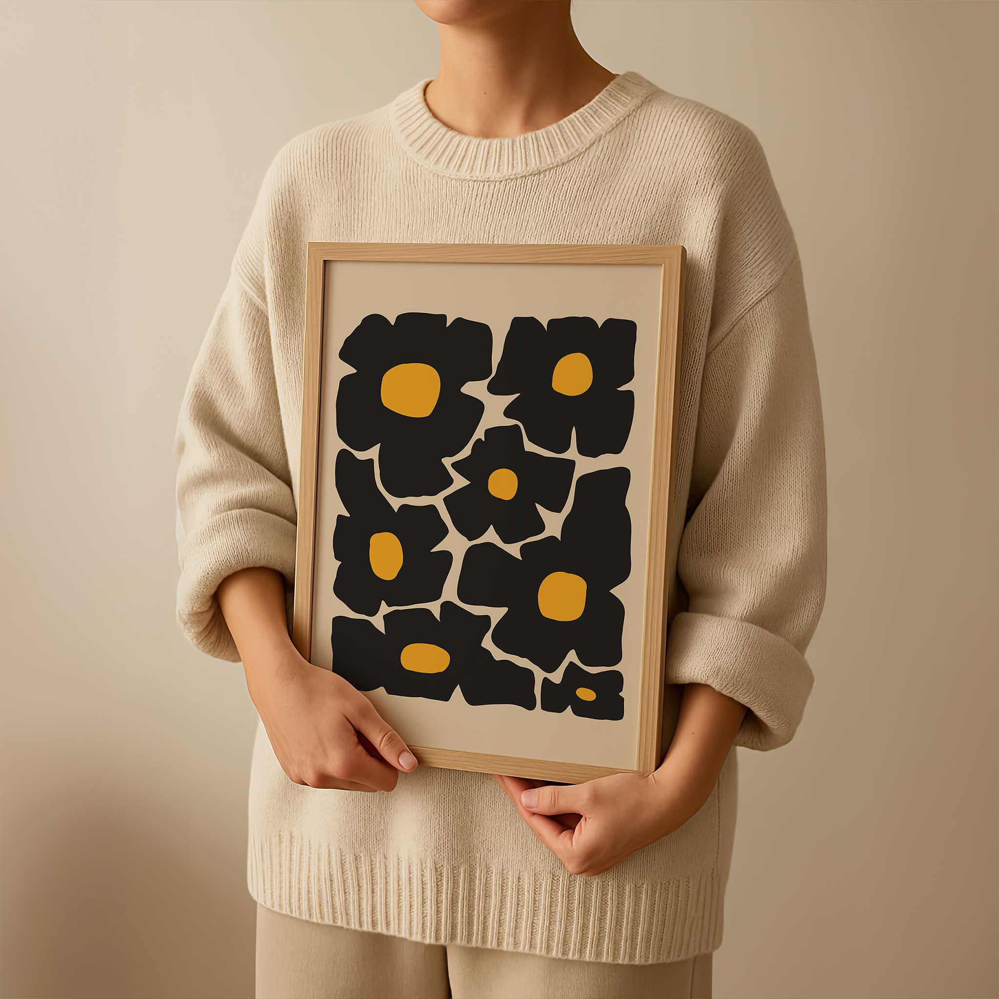 Bold minimalist floral art of oversized golden poppies, a vibrant print titled 'Golden Poppies'.
