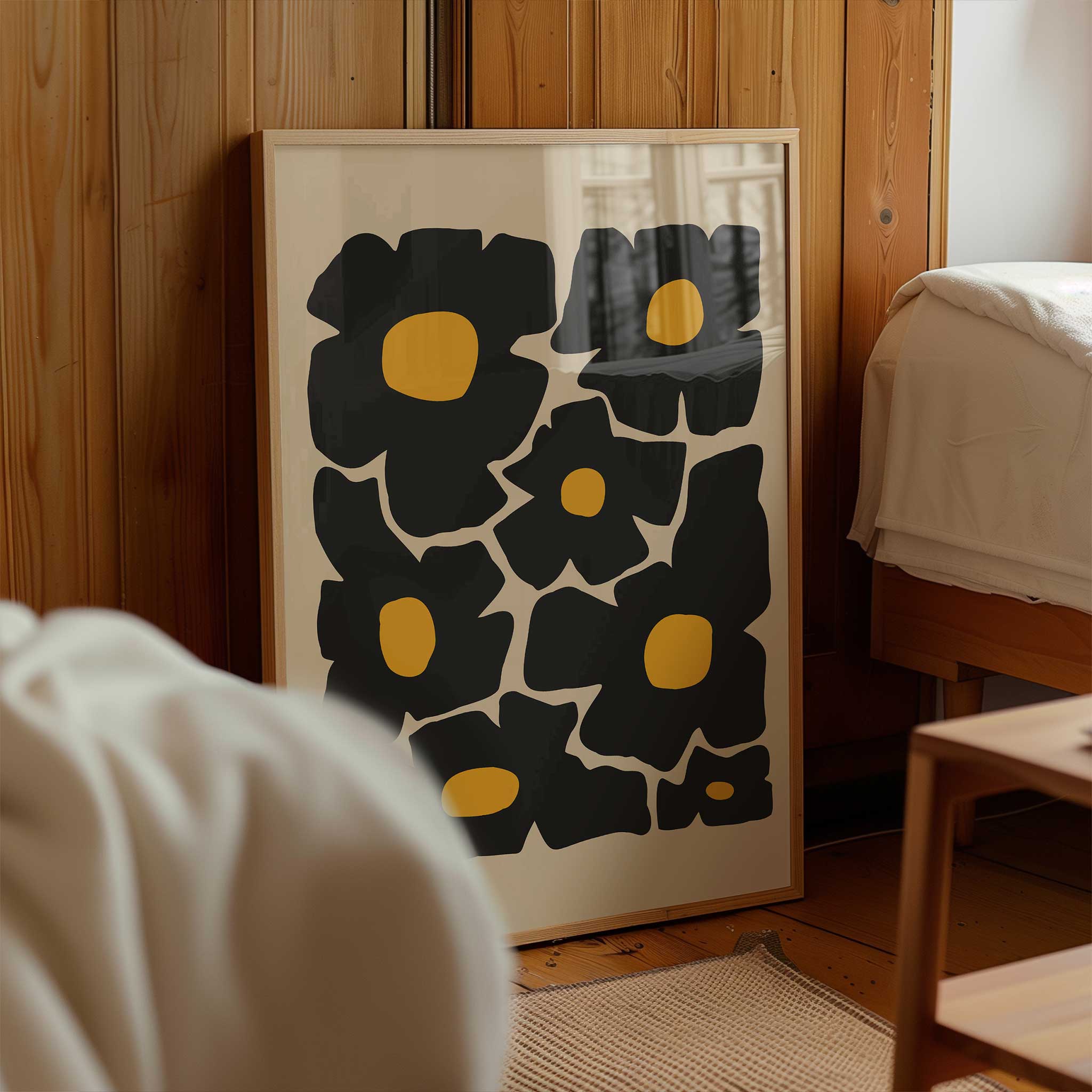 Bold minimalist floral art of oversized golden poppies, a vibrant print titled 'Golden Poppies'.
