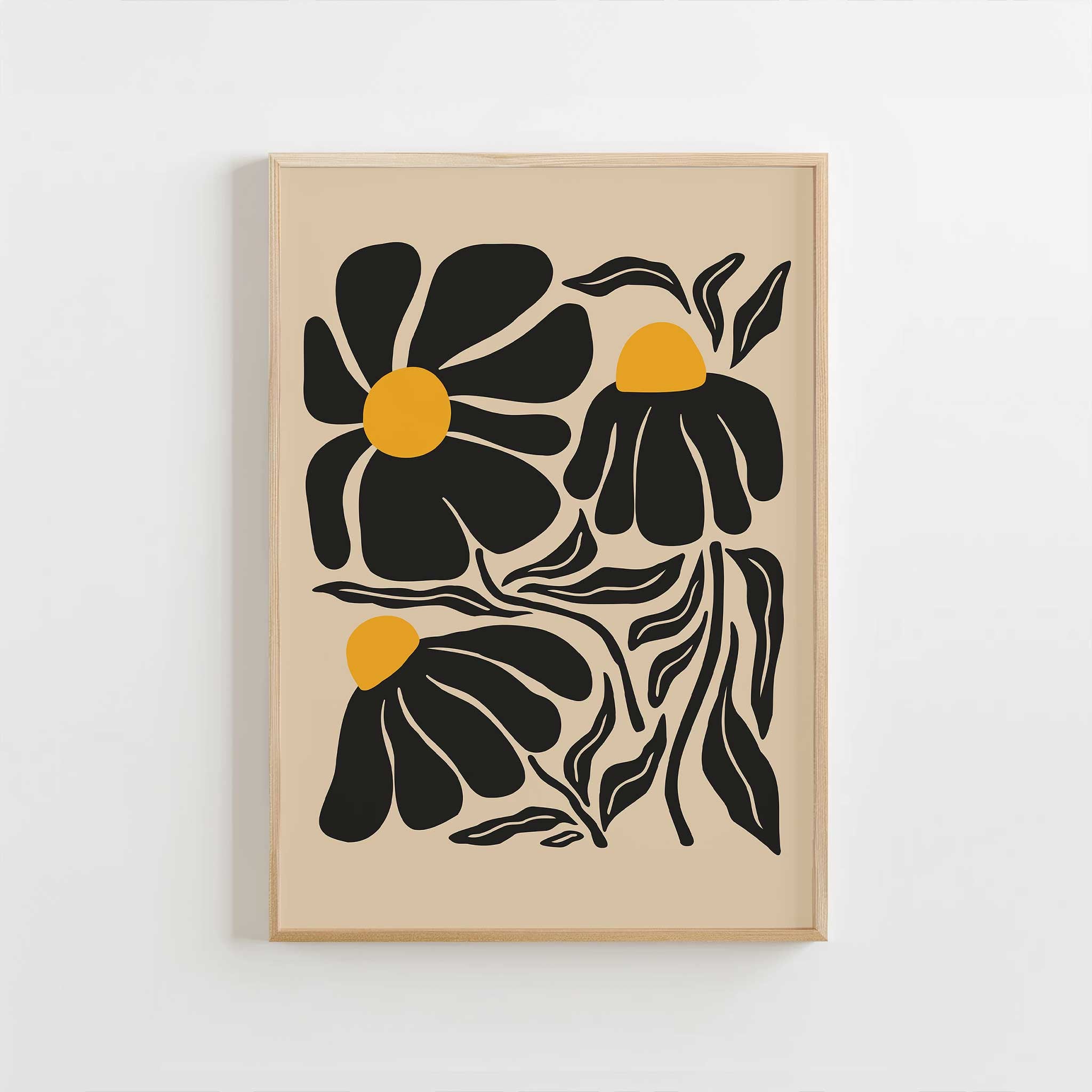 A playful silhouette print of wildflowers with bold petals and golden centers, titled 'Petal Parade'.