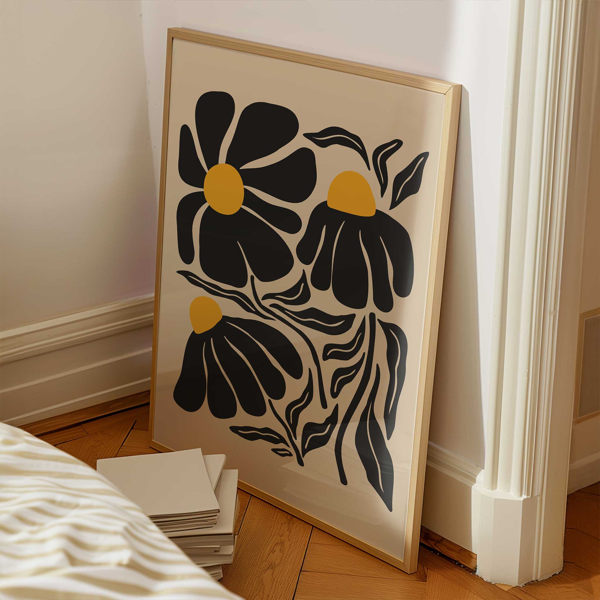 A playful silhouette print of wildflowers with bold petals and golden centers, titled 'Petal Parade'.