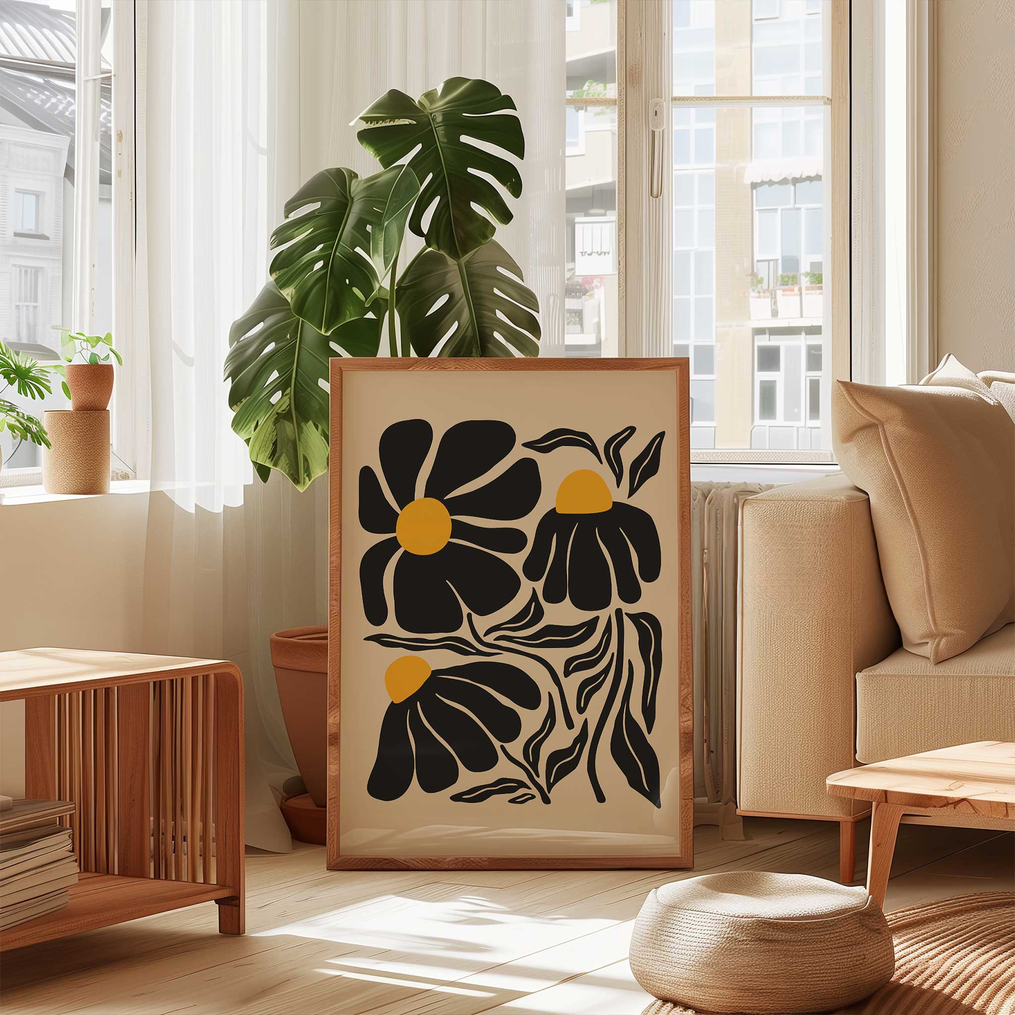 A playful silhouette print of wildflowers with bold petals and golden centers, titled 'Petal Parade'.