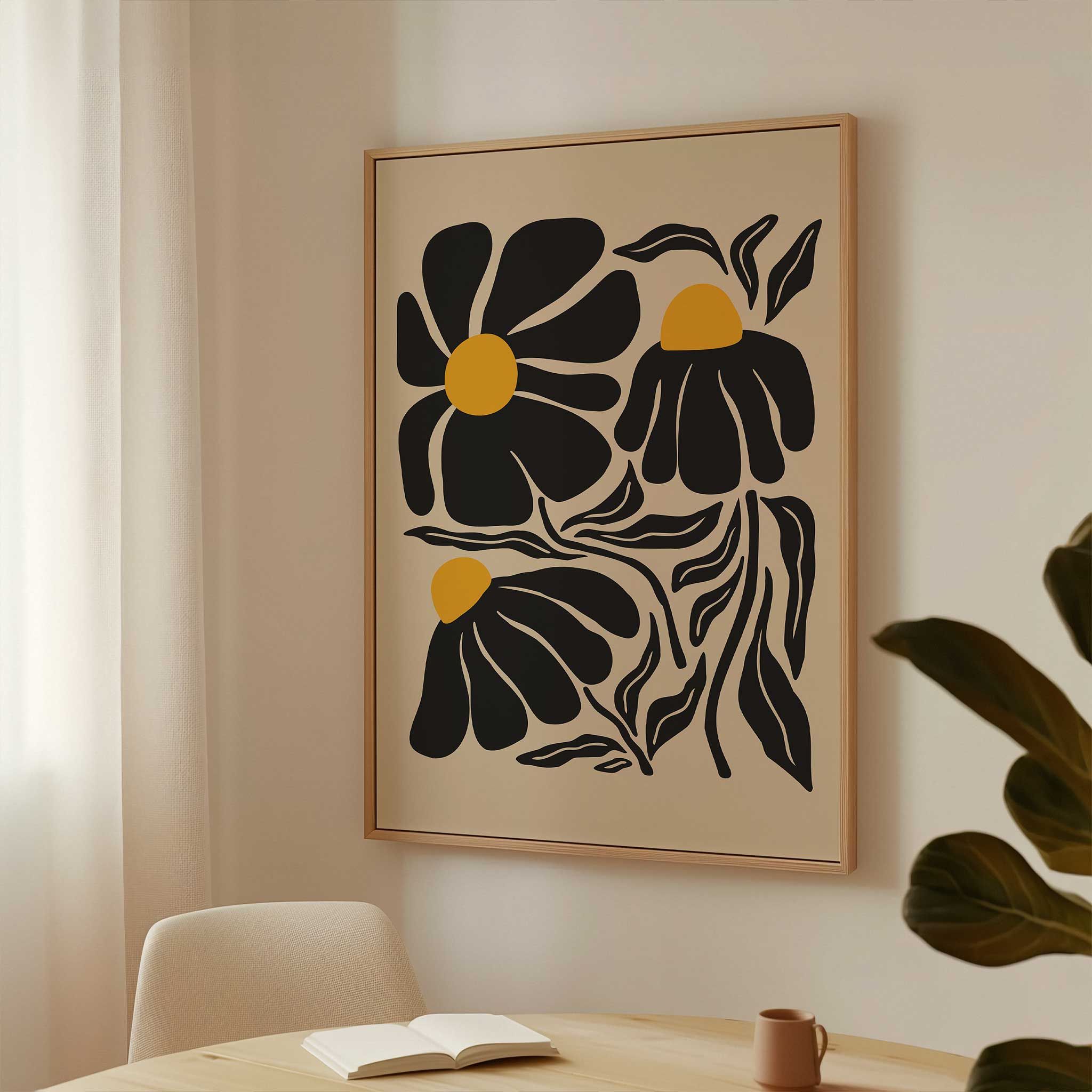 A playful silhouette print of wildflowers with bold petals and golden centers, titled 'Petal Parade'.