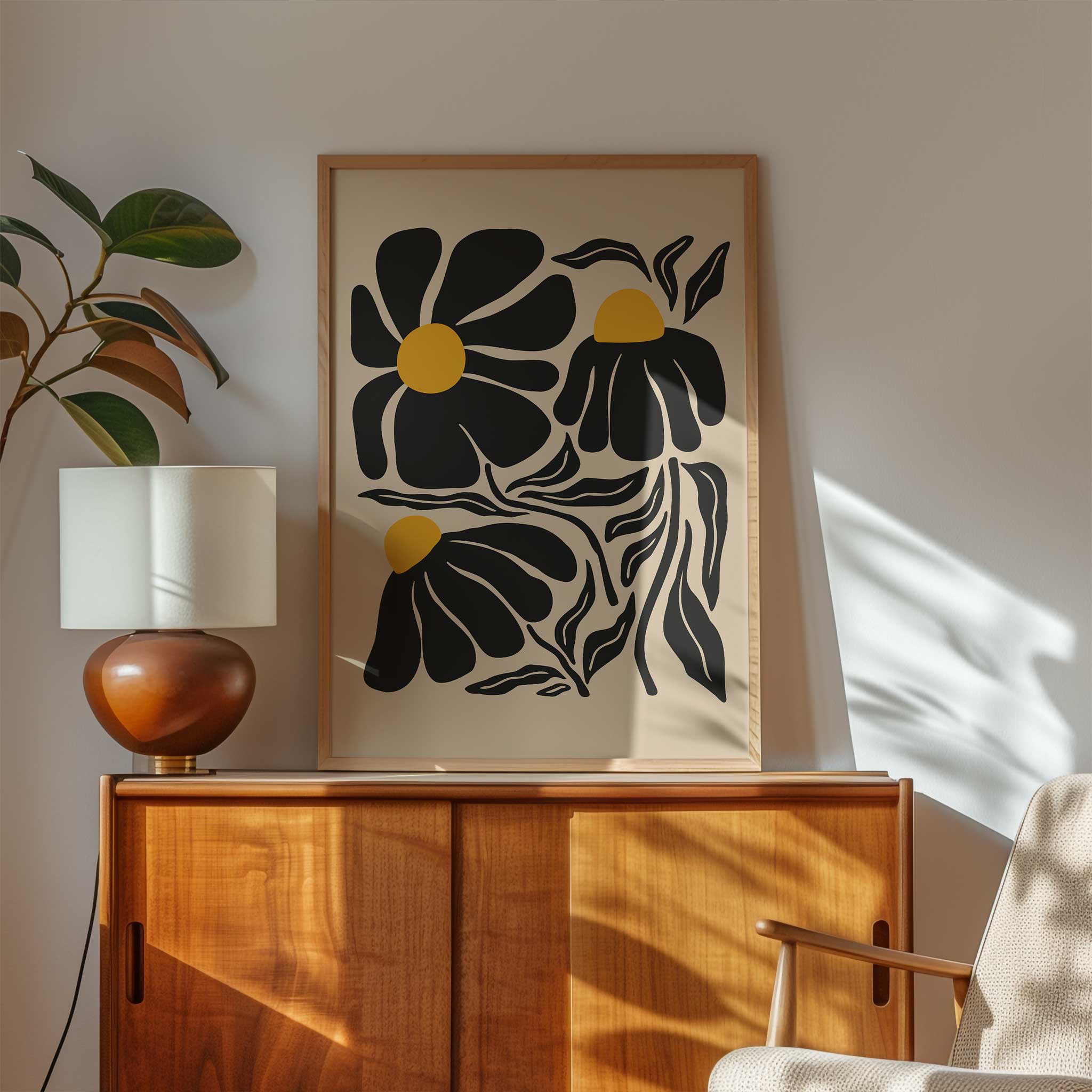 A playful silhouette print of wildflowers with bold petals and golden centers, titled 'Petal Parade'.