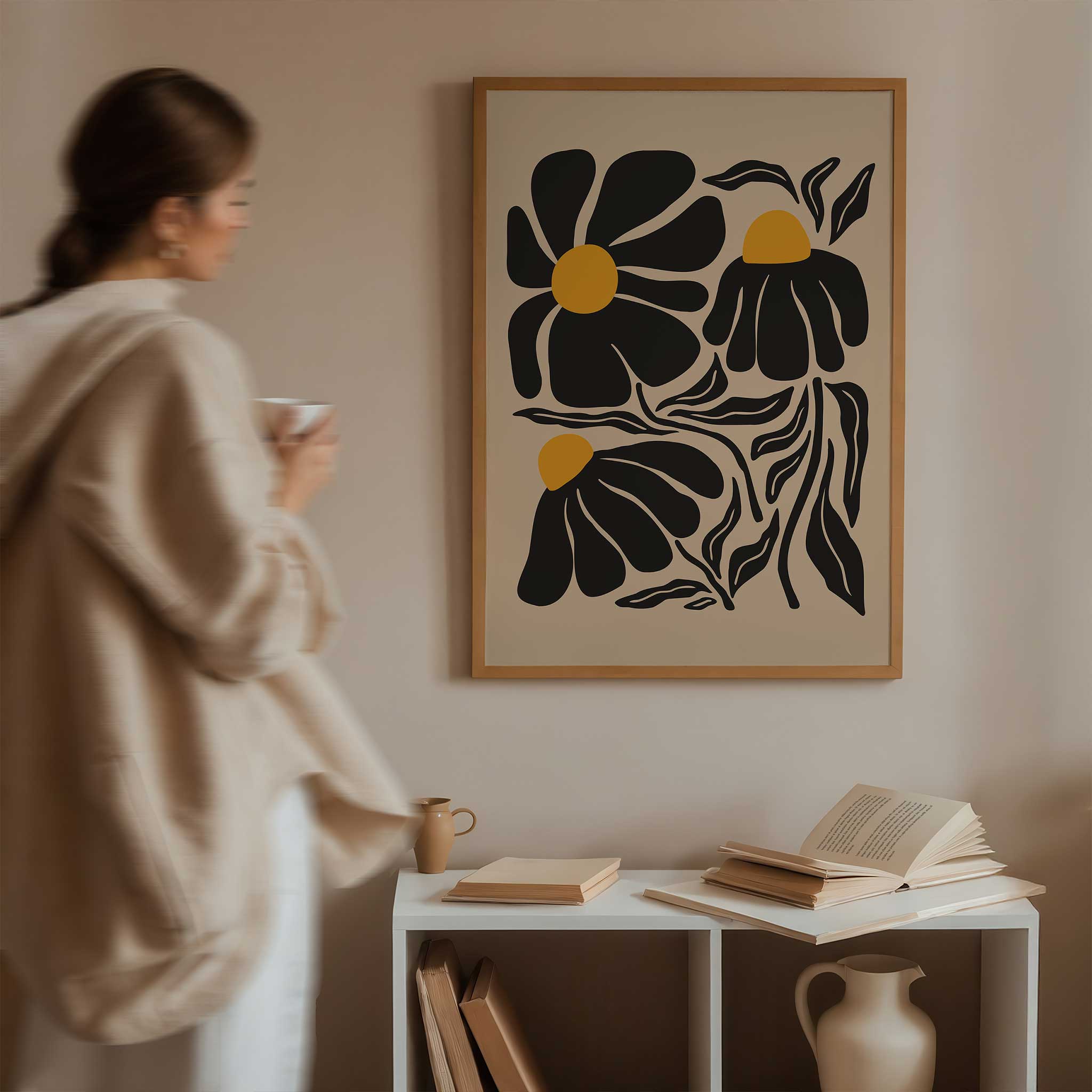 A playful silhouette print of wildflowers with bold petals and golden centers, titled 'Petal Parade'.