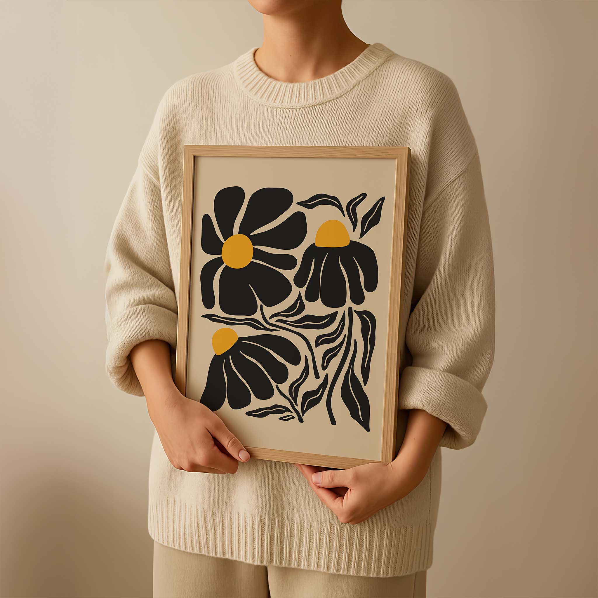 A playful silhouette print of wildflowers with bold petals and golden centers, titled 'Petal Parade'.