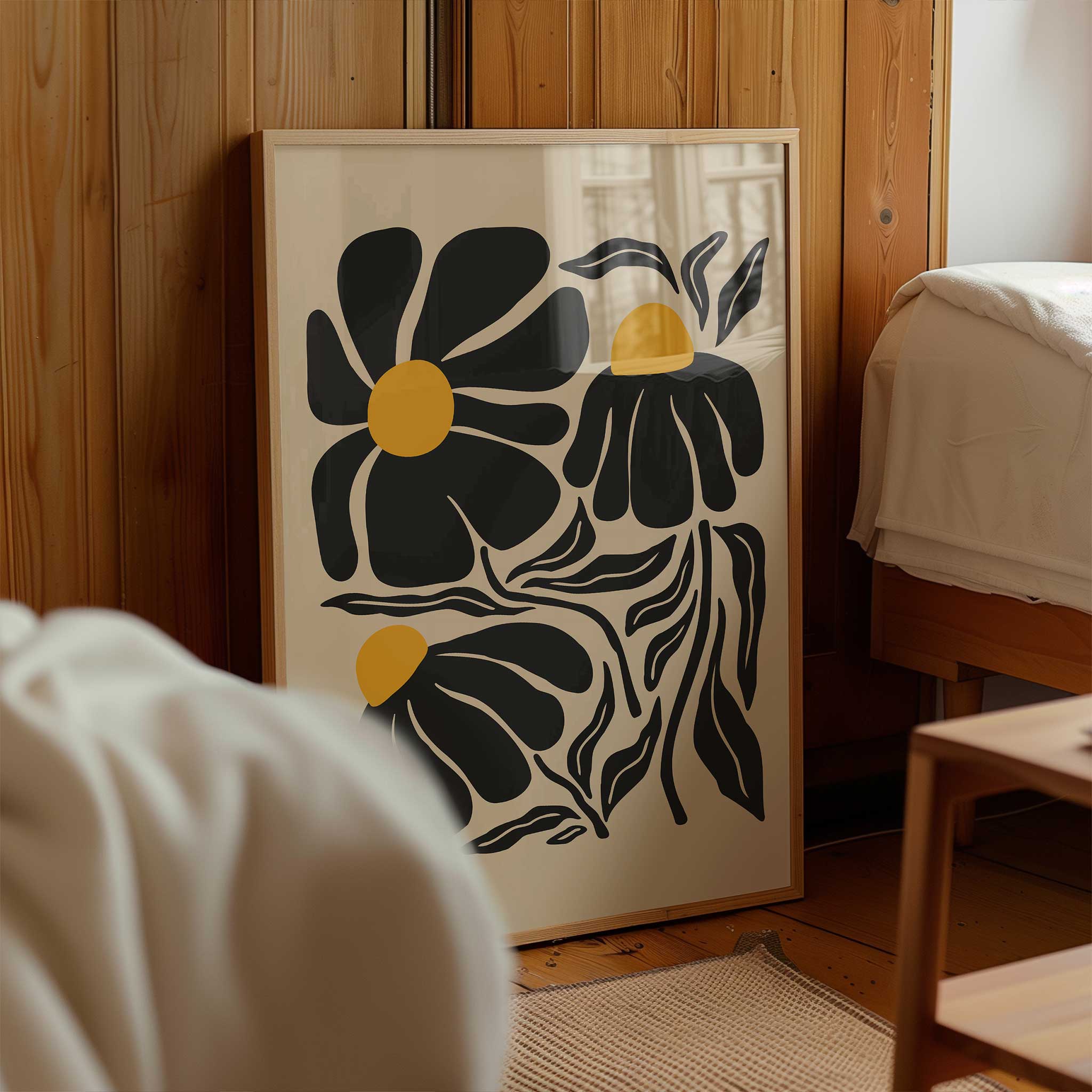 A playful silhouette print of wildflowers with bold petals and golden centers, titled 'Petal Parade'.