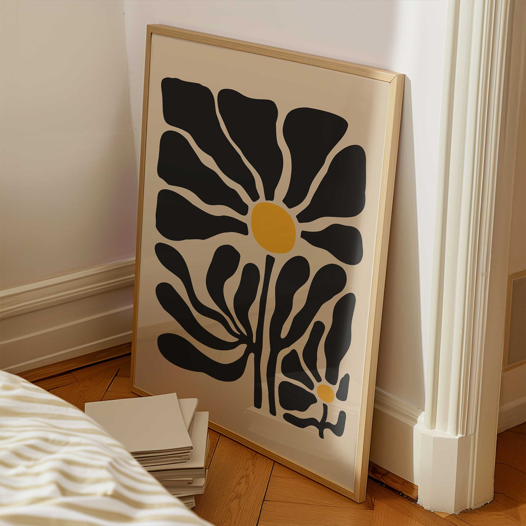 Modern abstract art of two daisy-like blooms with bold petals and golden centers, titled 'Twin Bloom'.