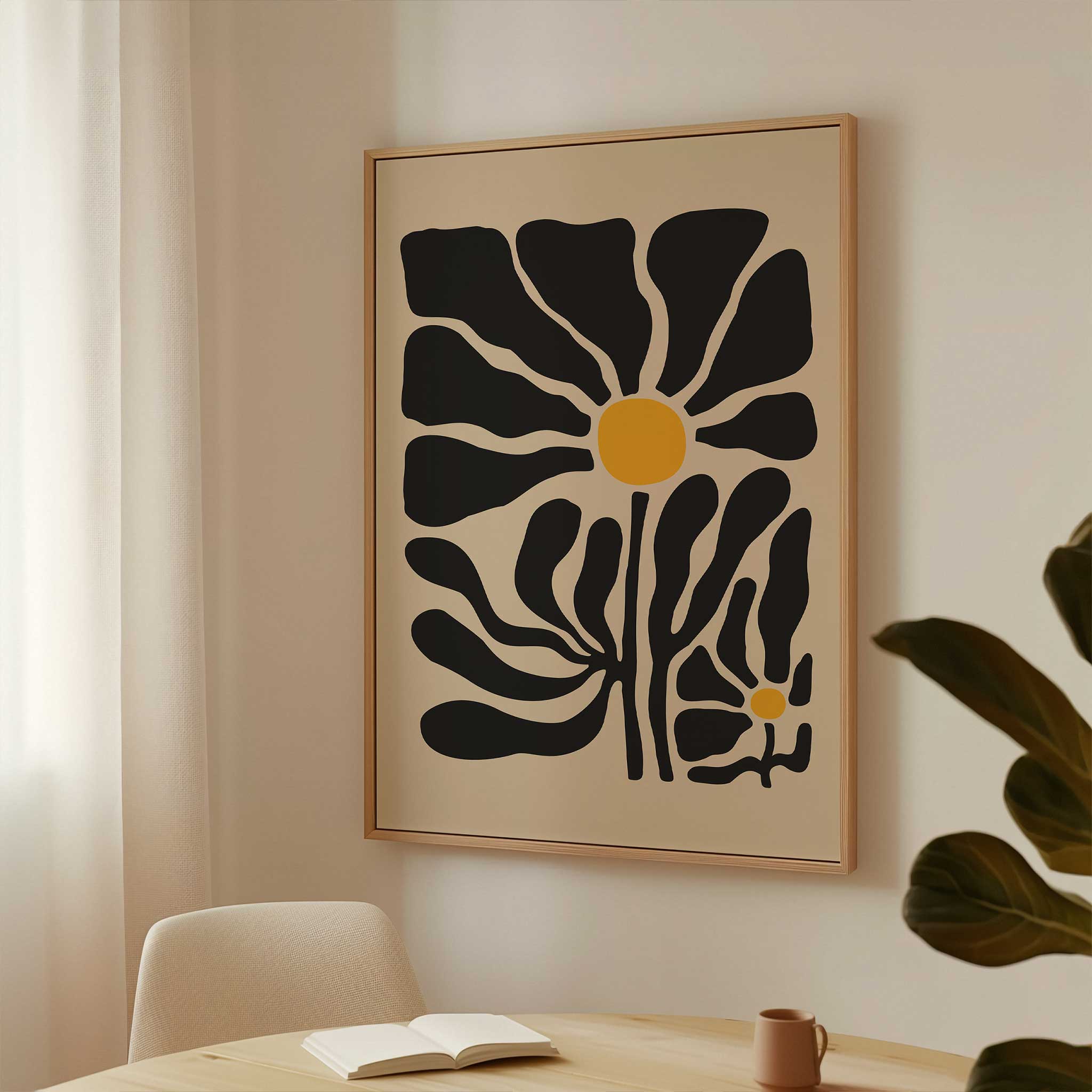 Modern abstract art of two daisy-like blooms with bold petals and golden centers, titled 'Twin Bloom'.