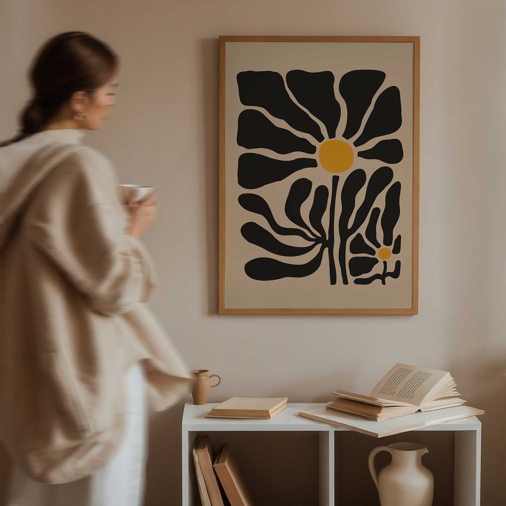 Modern abstract art of two daisy-like blooms with bold petals and golden centers, titled 'Twin Bloom'.