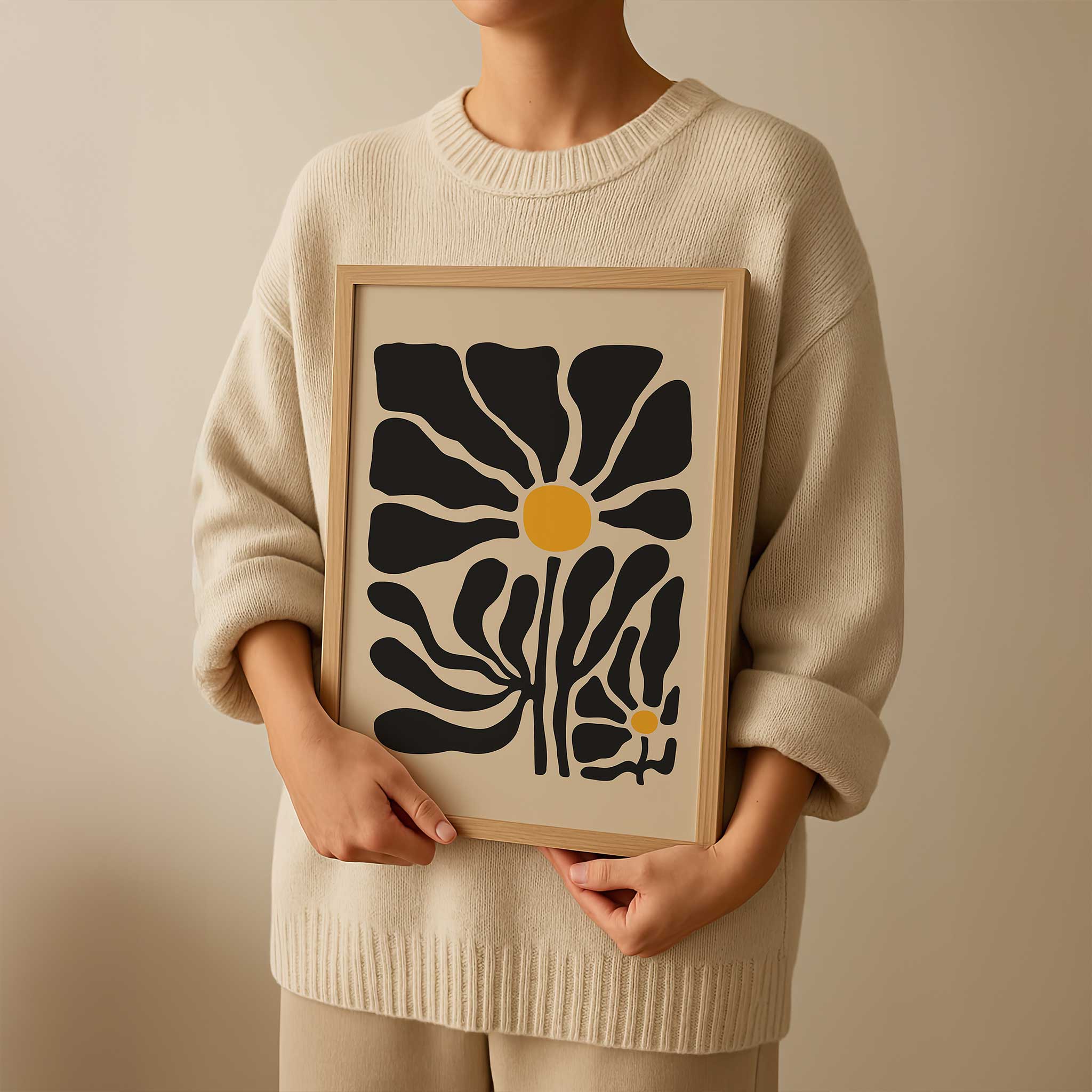 Modern abstract art of two daisy-like blooms with bold petals and golden centers, titled 'Twin Bloom'.
